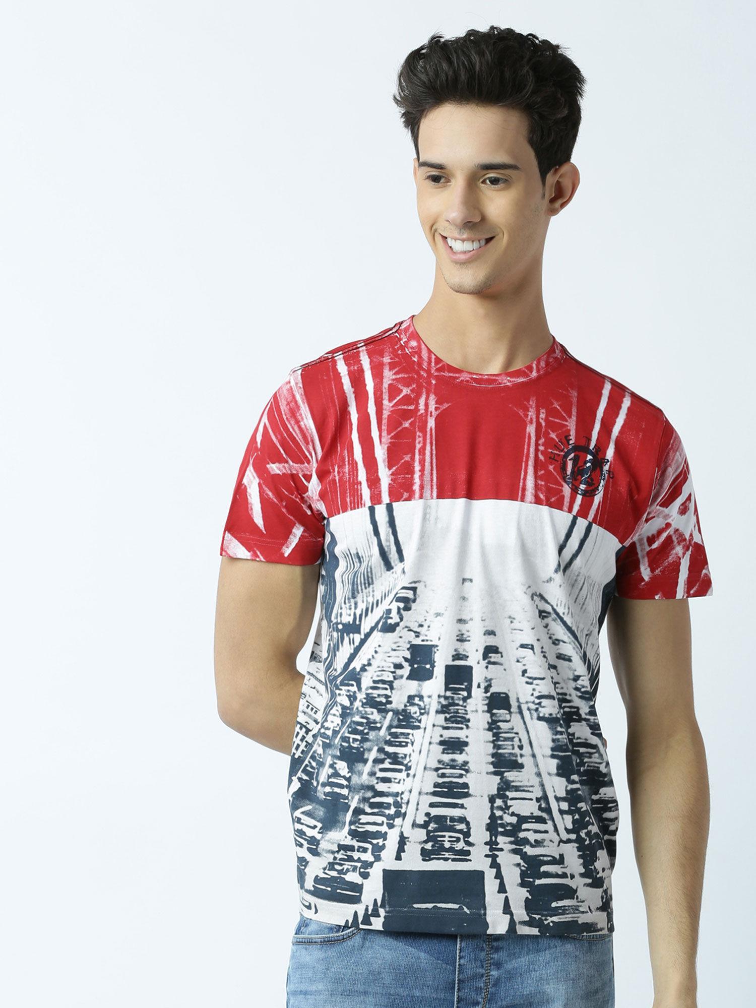 mens printed round neck white t-shirt