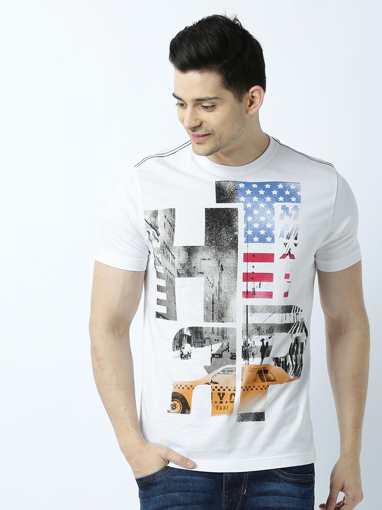 mens printed round neck white t-shirt