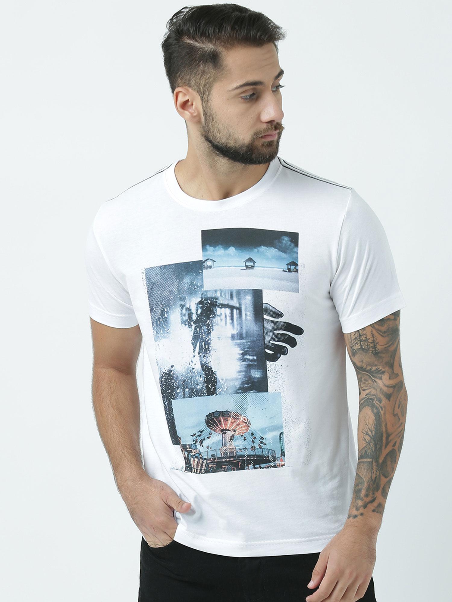 mens printed round neck white t-shirt