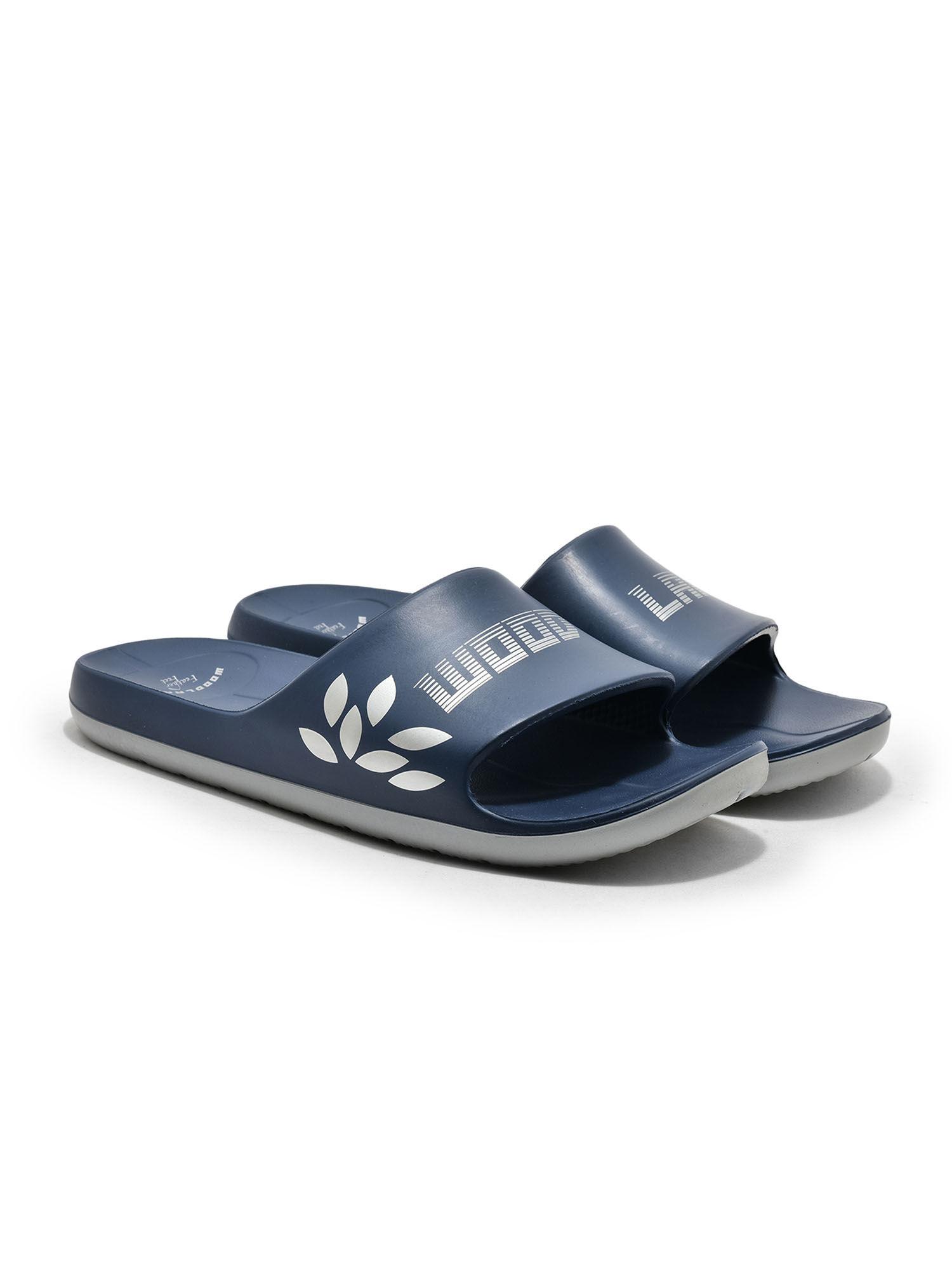 mens printed slip on sliders-navy blue