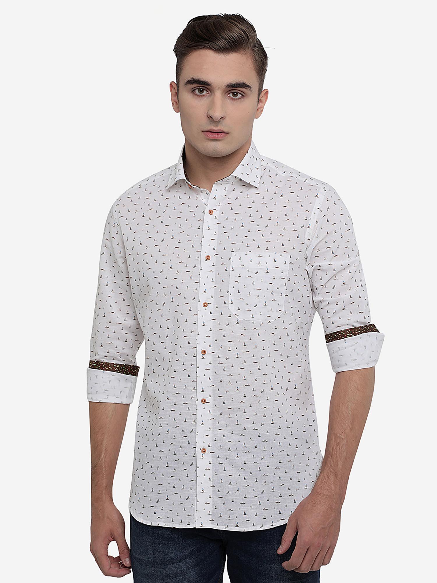 mens printed white & brown cotton blend casual wear shirt