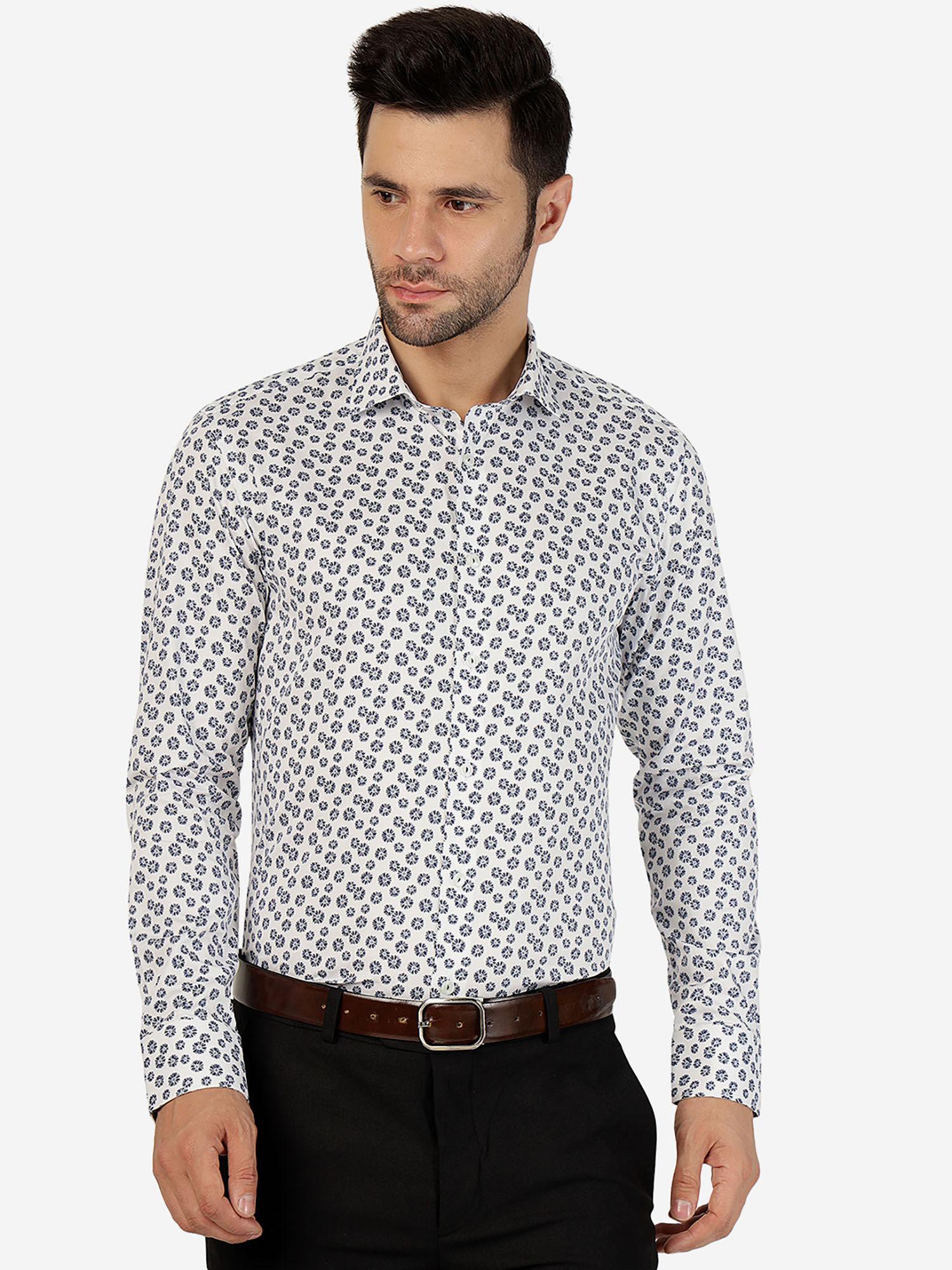 mens printed white slim fit full sleeve party wear shirt