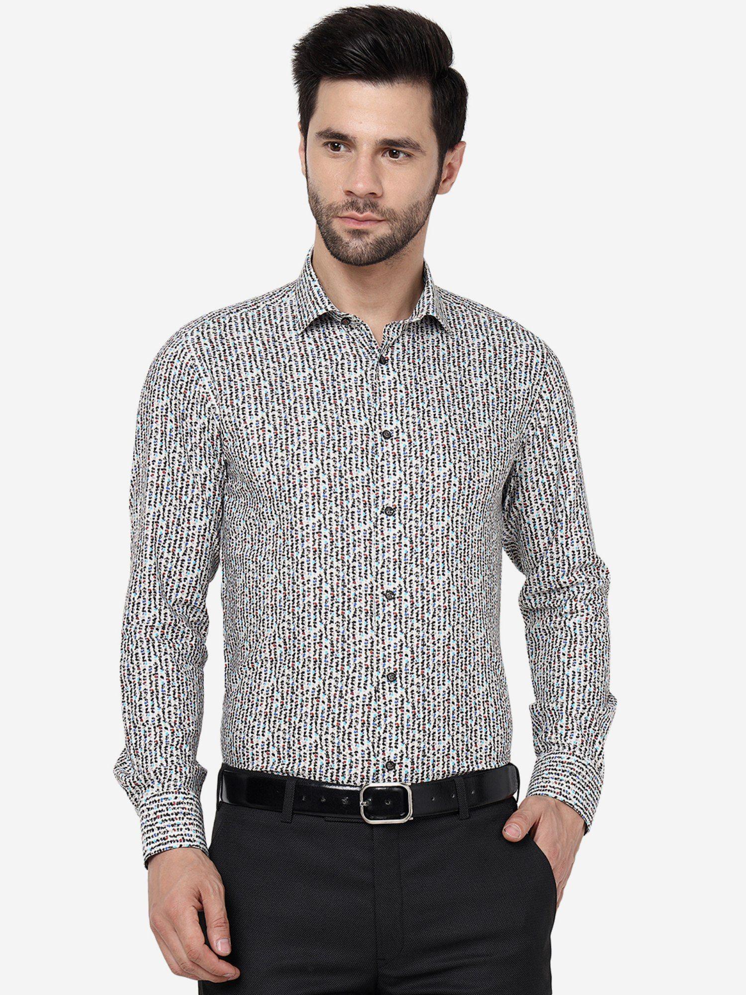 mens printed white slim fit full sleeve party wear shirt