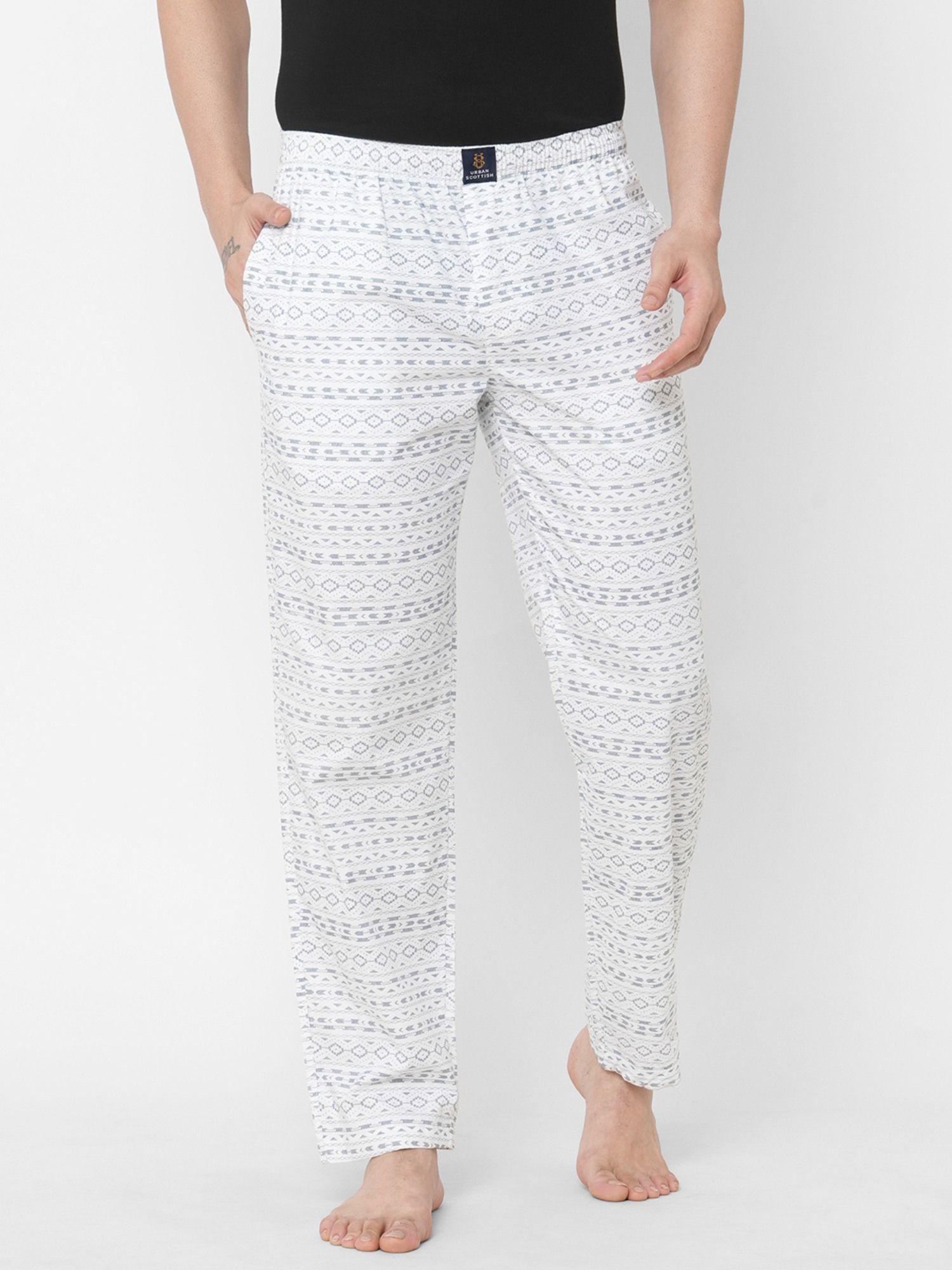 mens printed woven cotton full length elasticated pyjama white