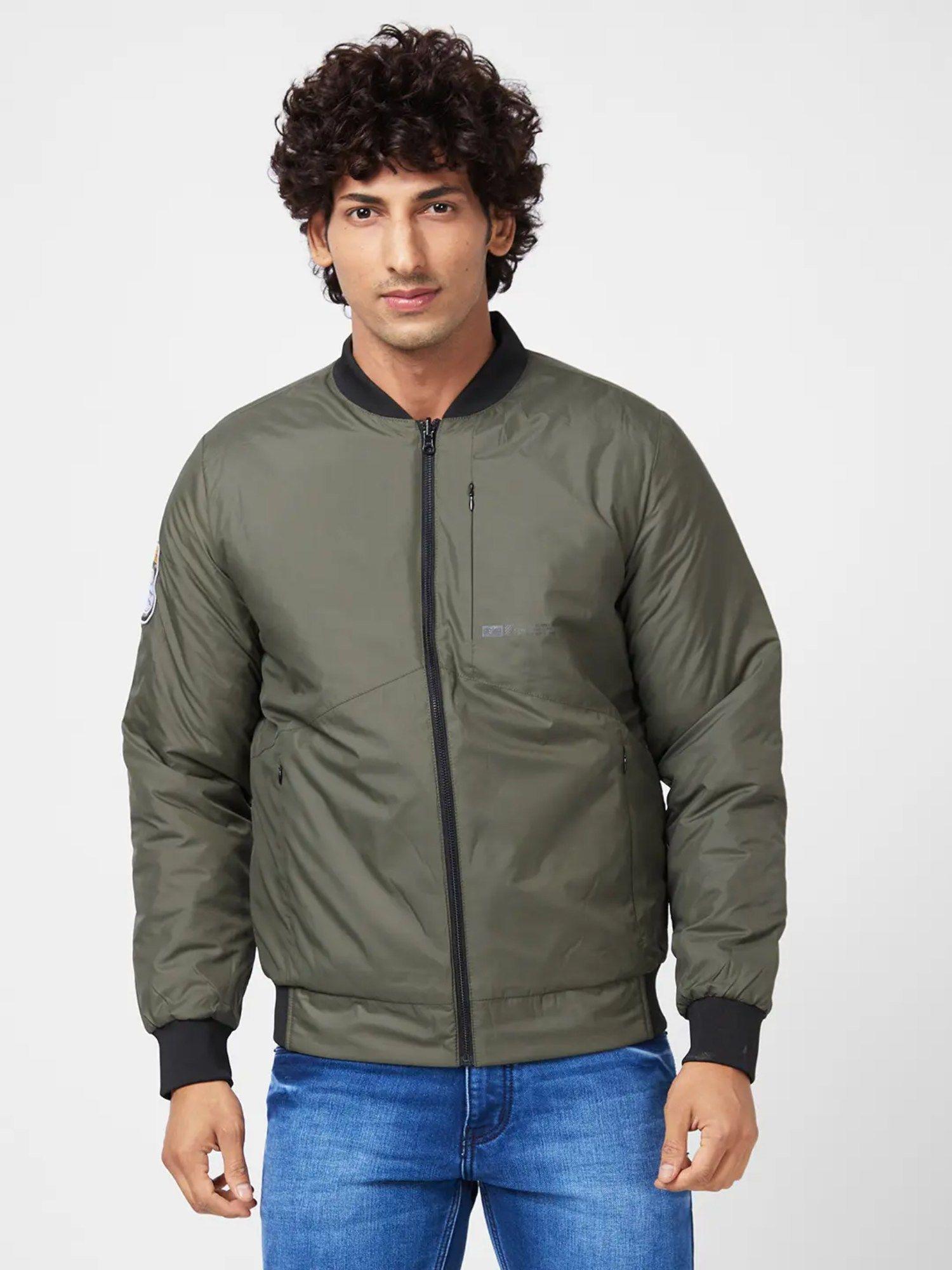 mens puffer reversible jacket with contrast slip patch on reverse side