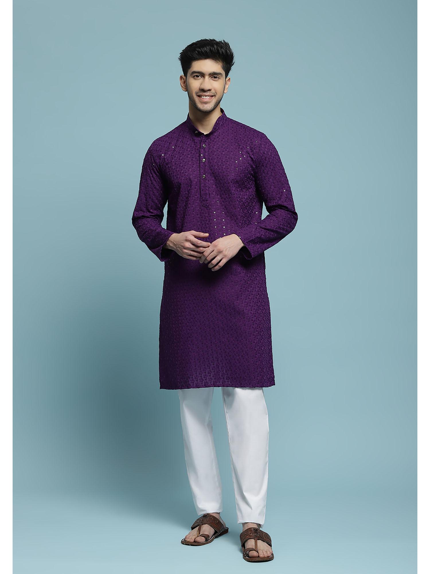 mens purple cotton schiffli sequins long kurta