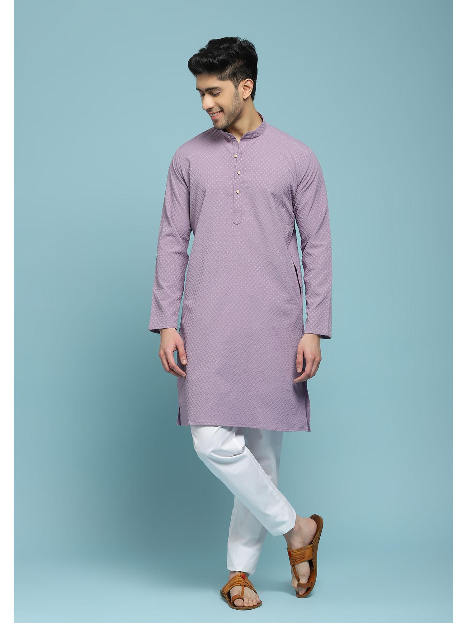 mens purple dobby embroidered long kurta