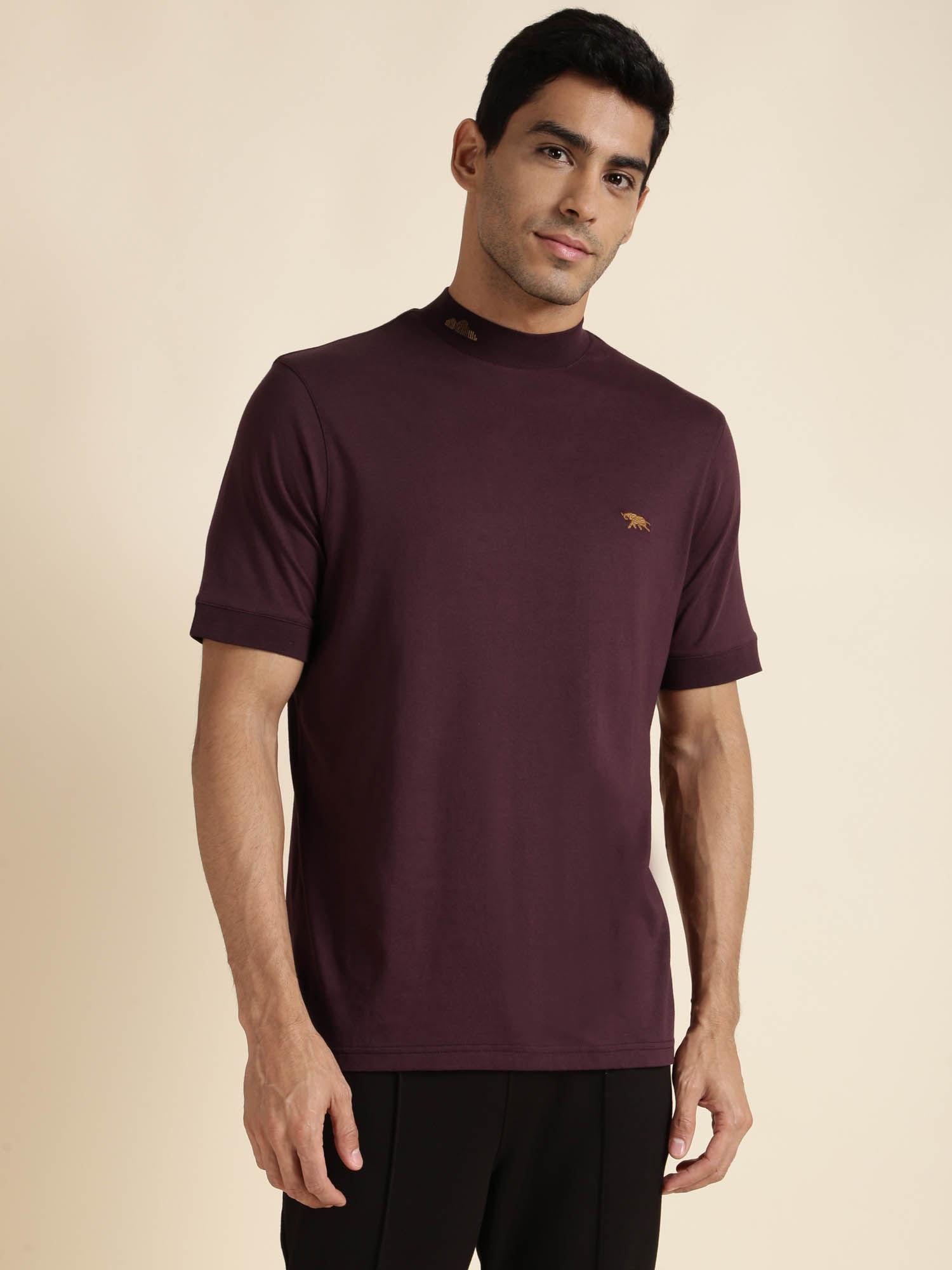 mens purple half sleeves high neck regular fit t-shirt