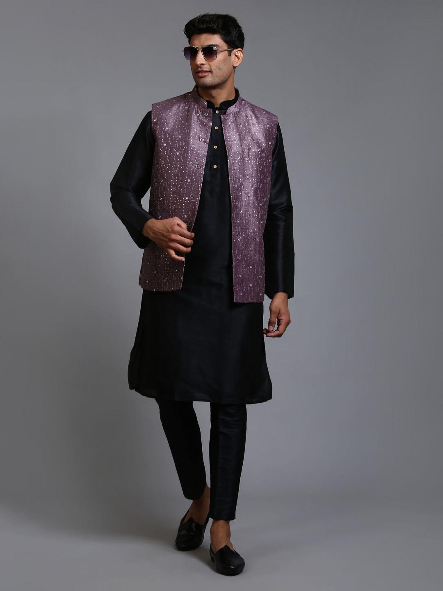 mens purple with black silk blend jacket kurta and pyjama (set of 3)