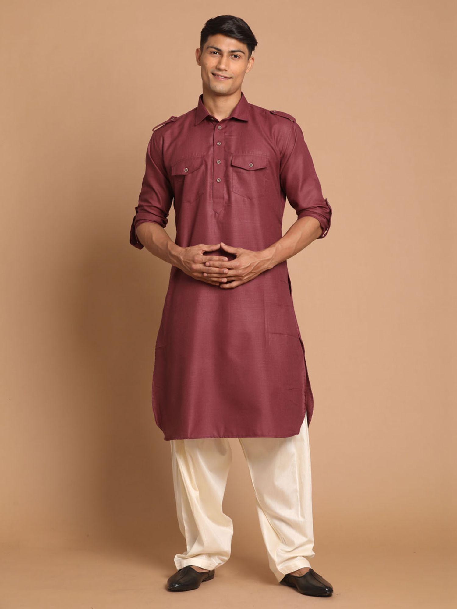 mens purple with cream cotton blend pathani kurta and pyjama (set of 2)