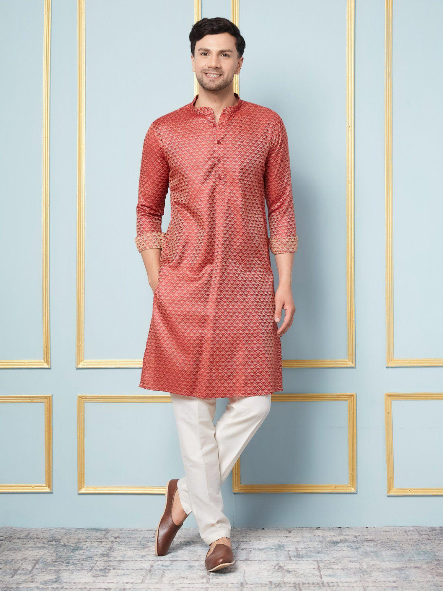 mens red & gold woven design thread work kurta with pyjama (set of 2)