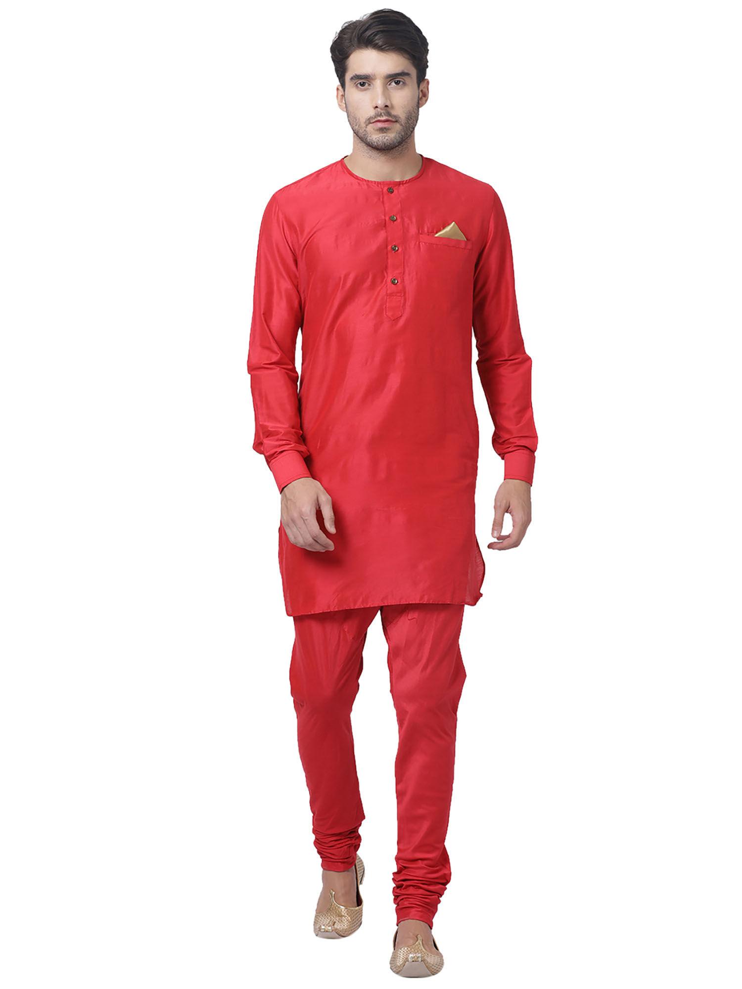 mens red cotton blend kurta pyjama (set of 3)