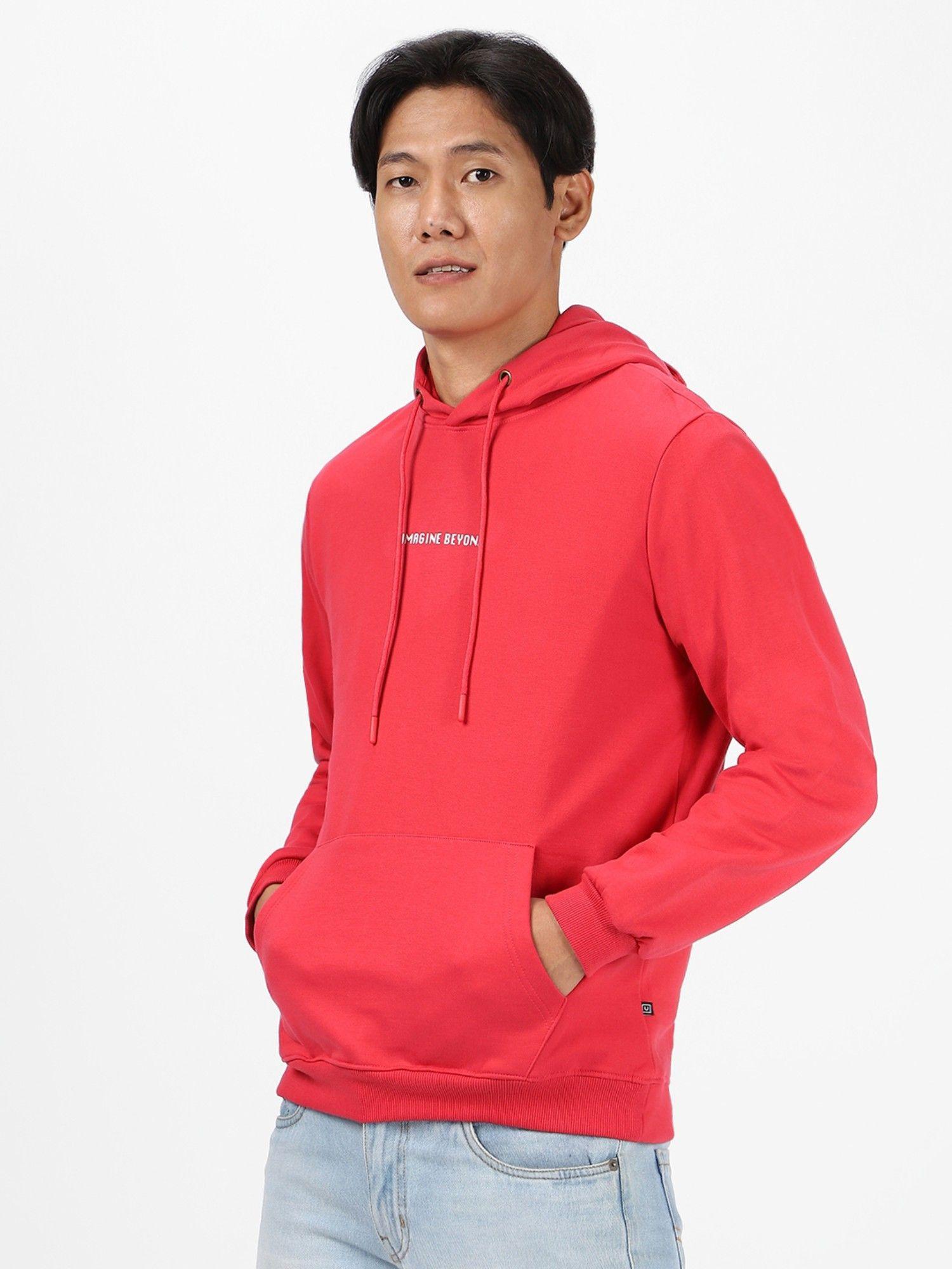 mens red cotton graphic print hooded neck sweatshirt