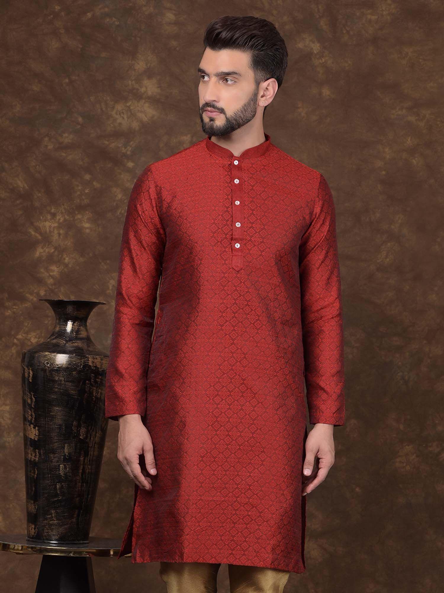 mens red jacquard silk mandarin collar kurta