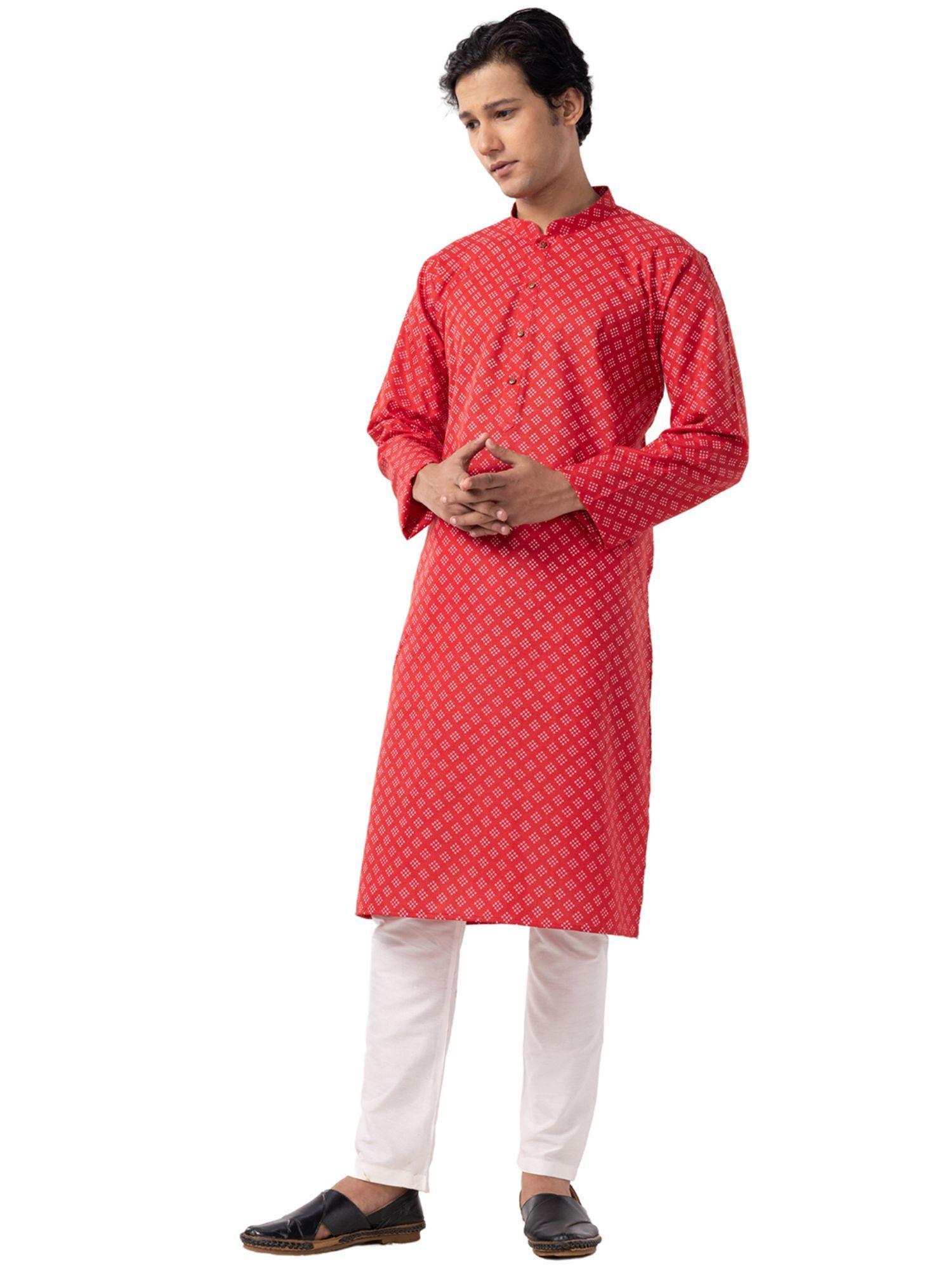 mens red printed ethnic kurta