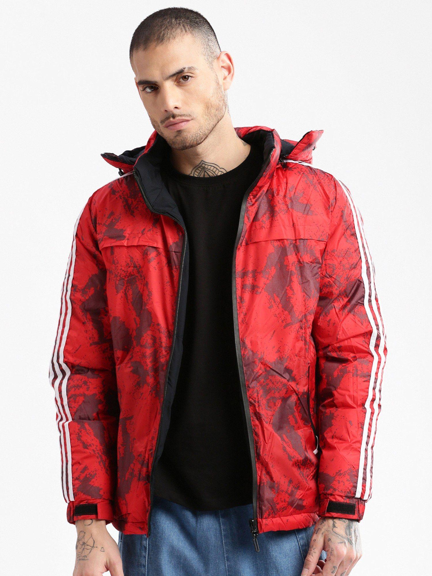 mens red puffer oversized and reversible jacket with detachable hood