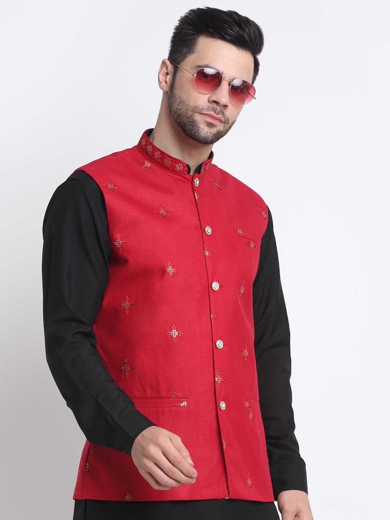 mens red silk embroidered sequence jacket