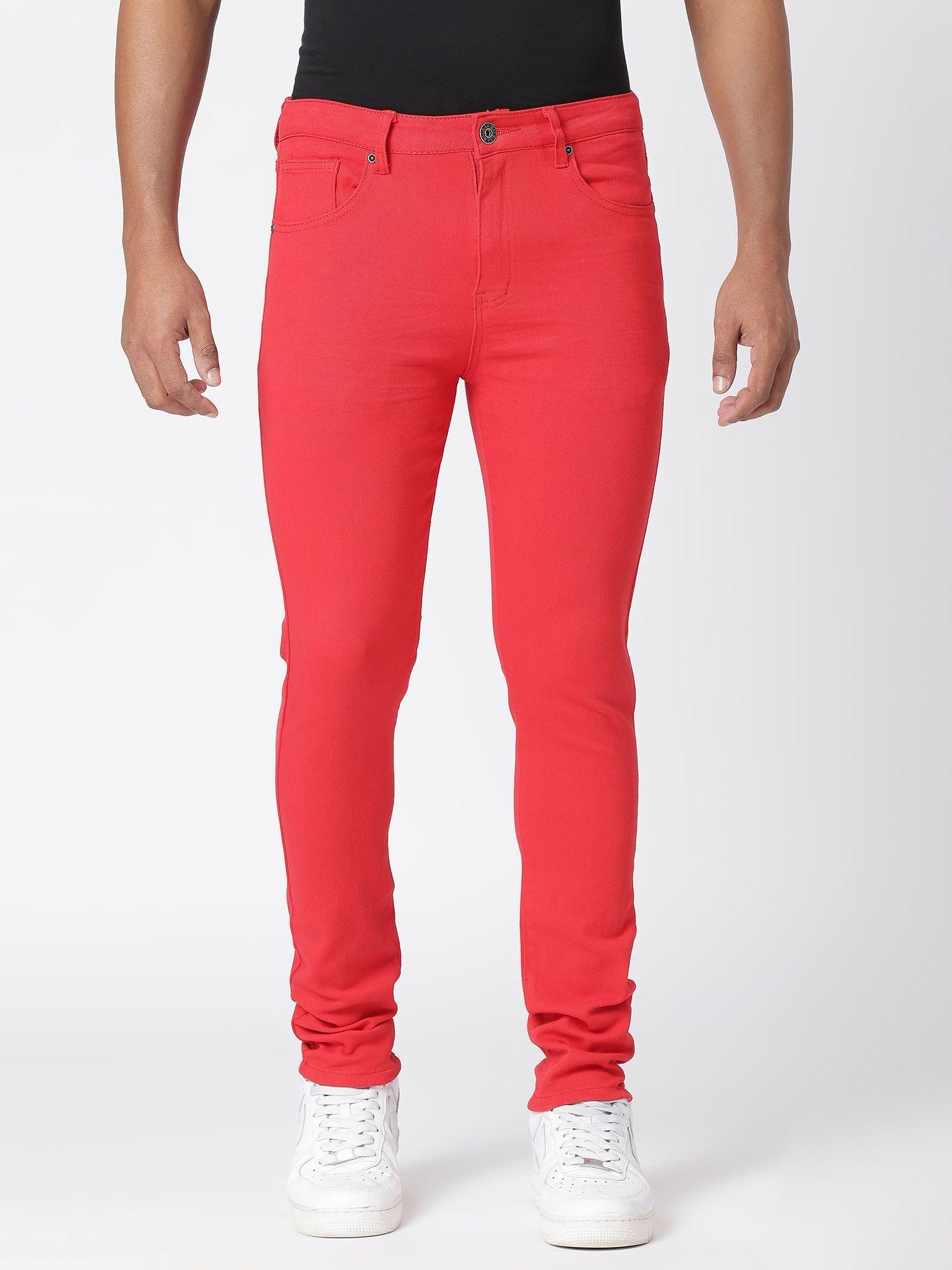 mens red skinny fit distressed stretchable jeans