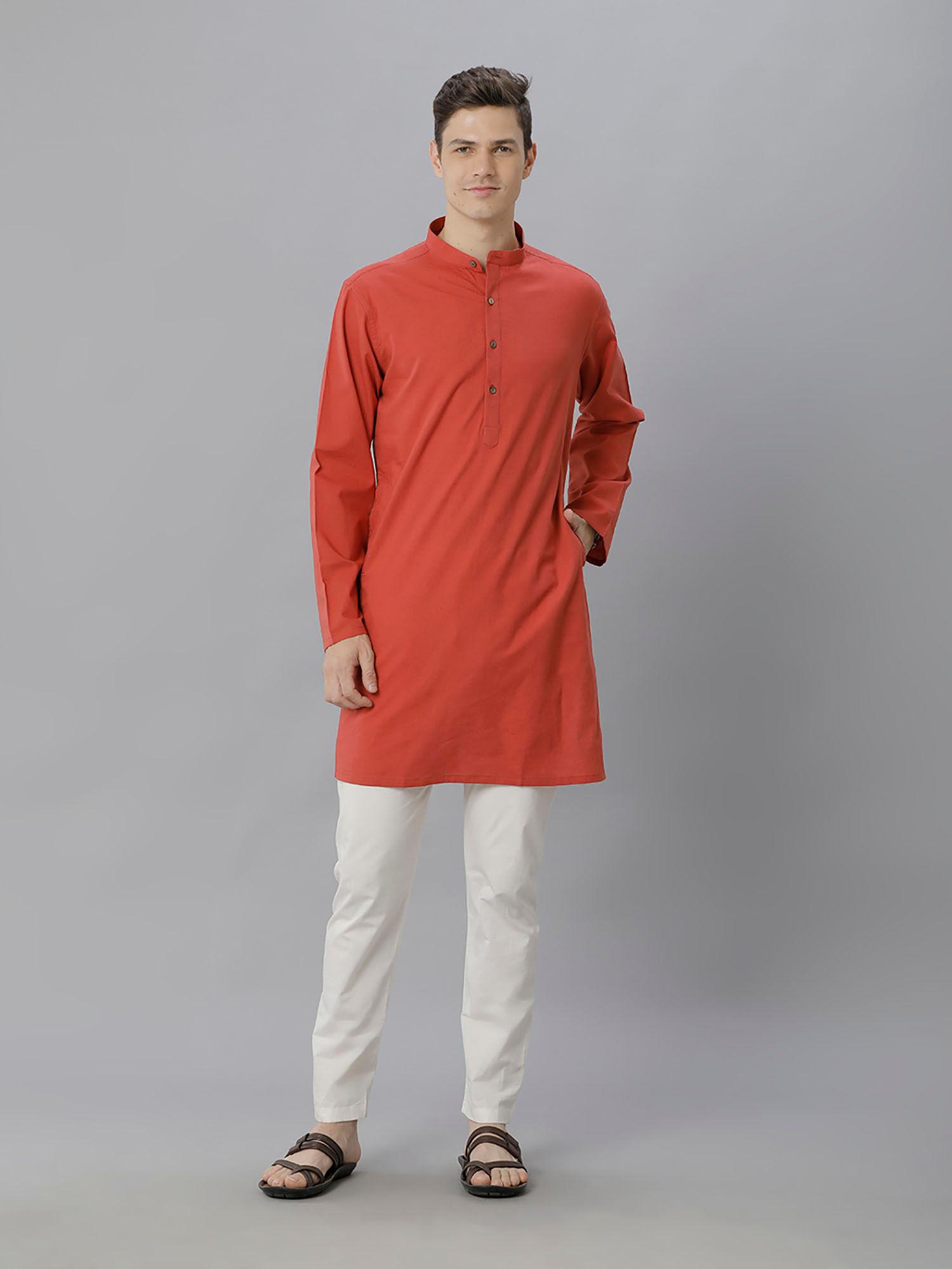 mens red solid cotton linen kurta