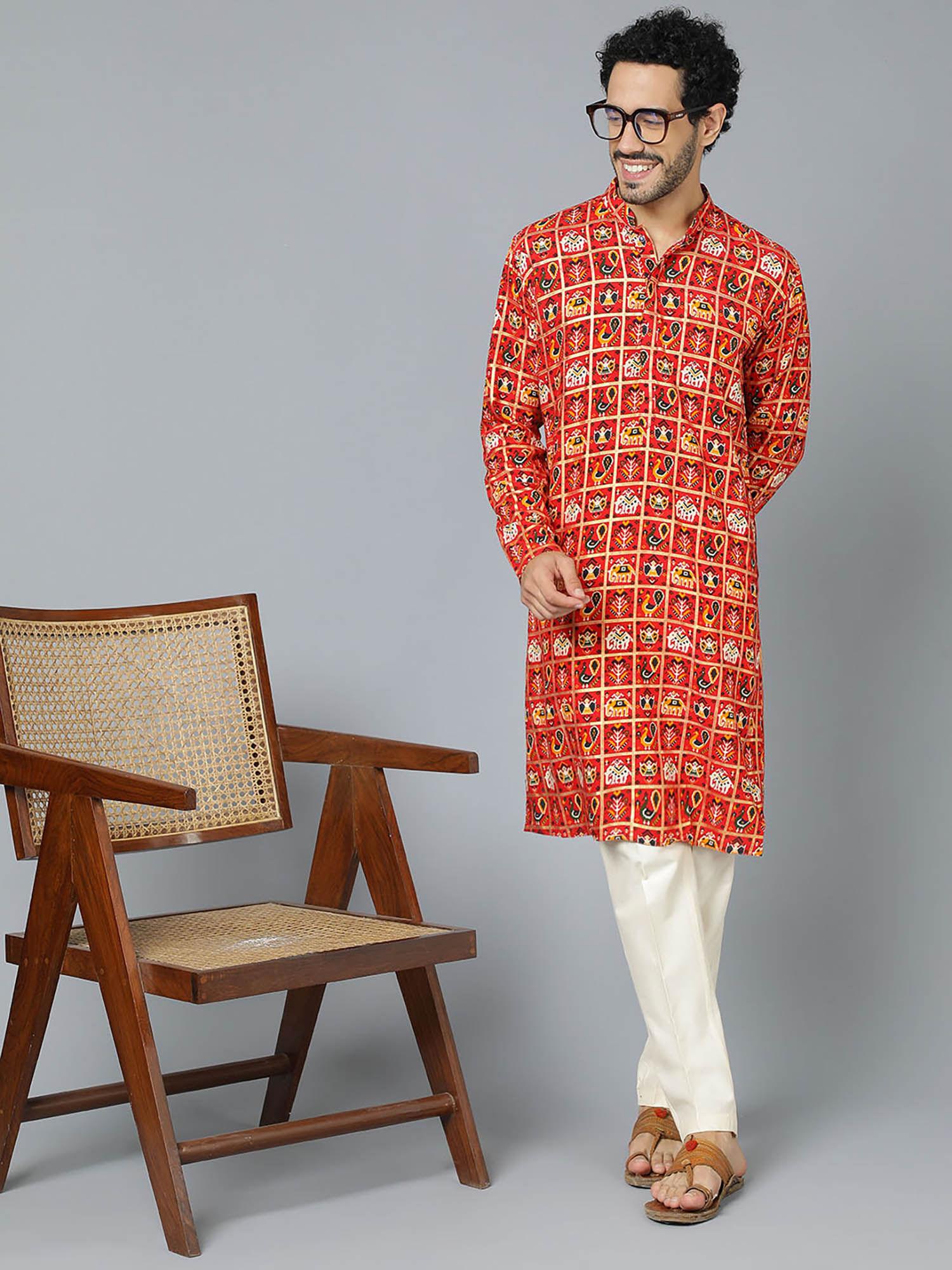 mens red with cream rayon kurta and pyjama (set of 2)