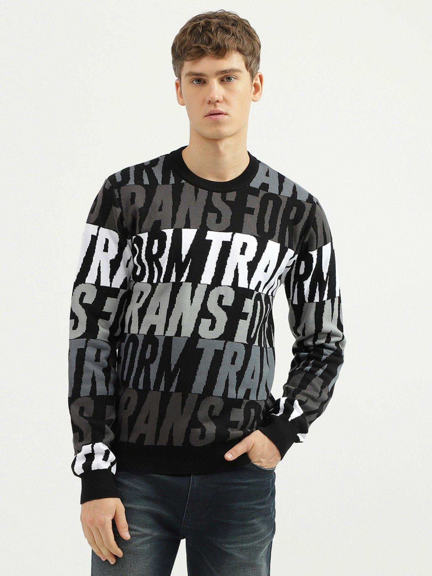 mens regular fit crew neck printed sweater - black