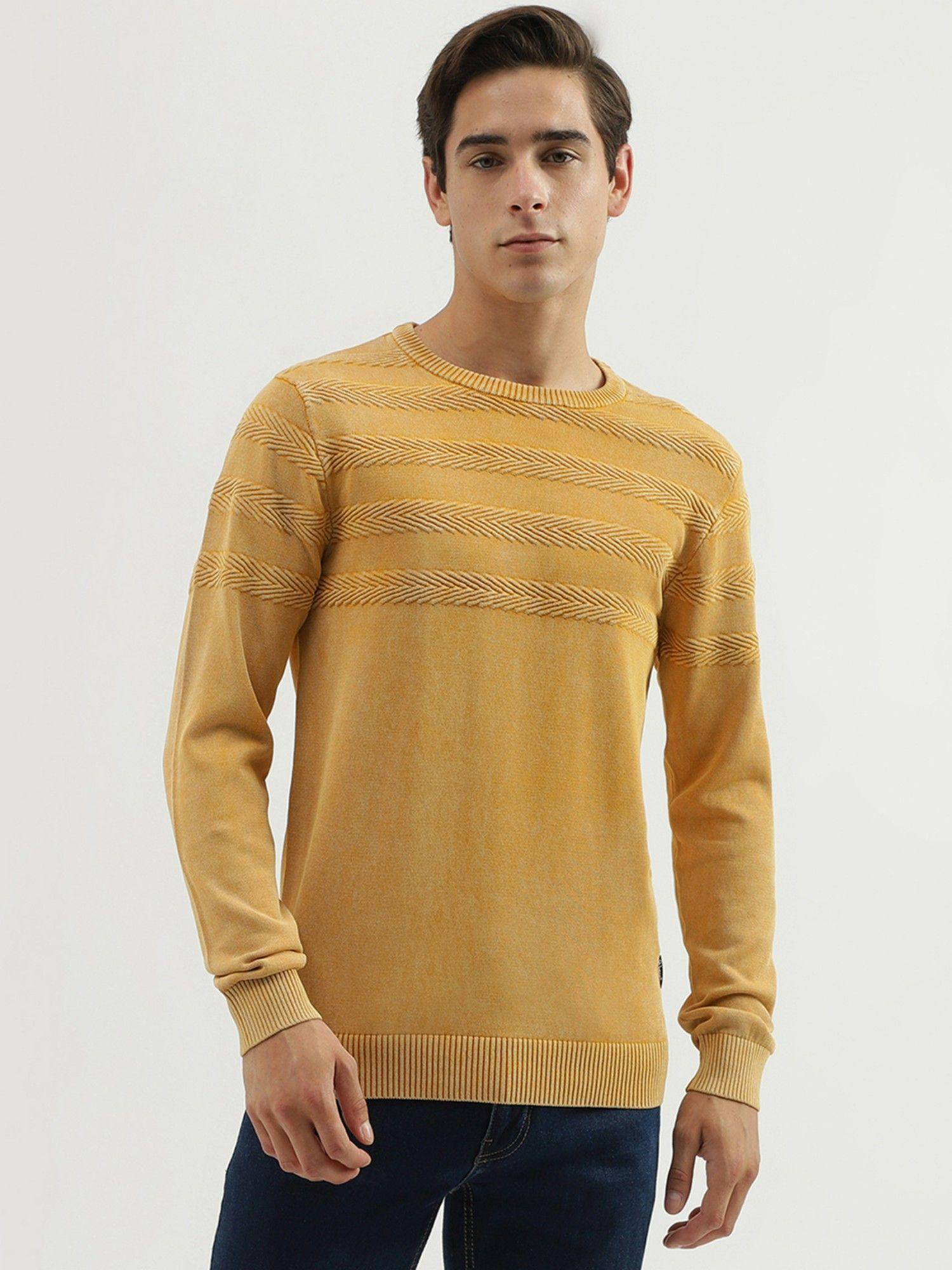 mens regular fit crew neck textured sweater - mustard