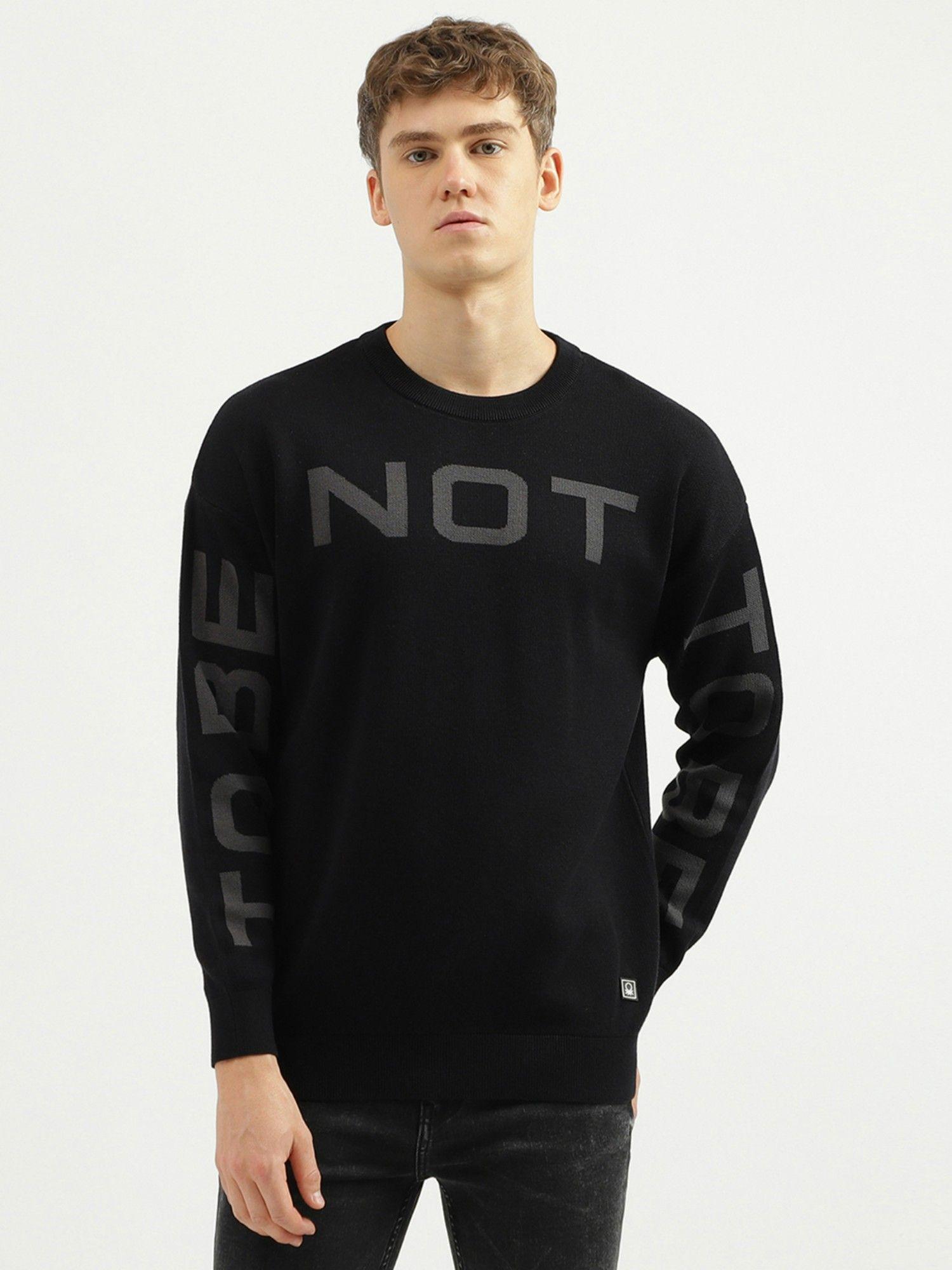 mens regular fit round neck printed sweater - black