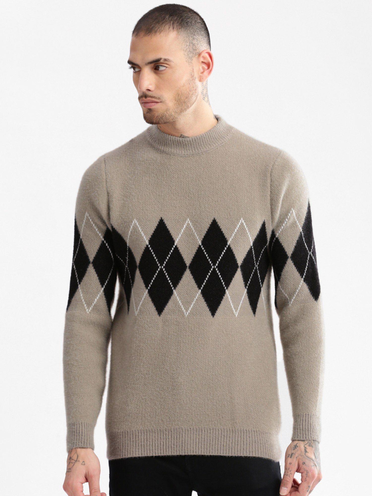 mens round neck long sleeves argyle beige pullover