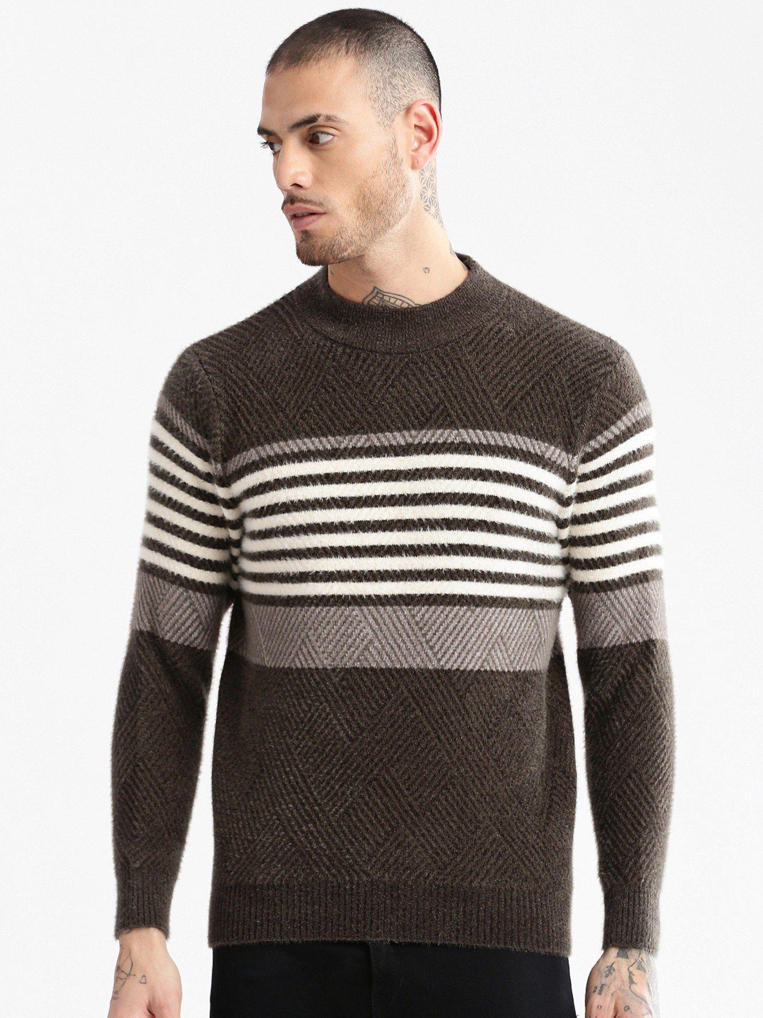 mens round neck long sleeves striped olive pullover