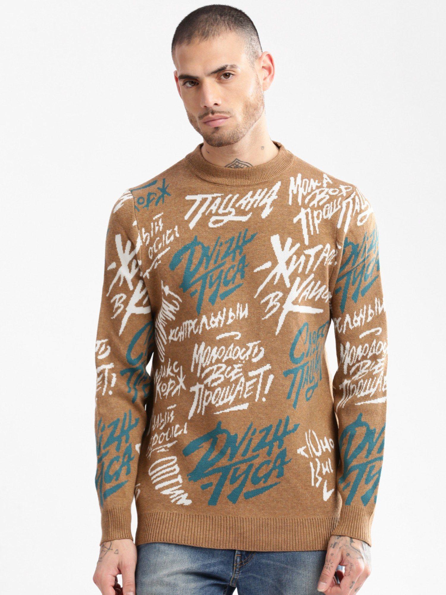 mens round neck long sleeves typography brown pullover