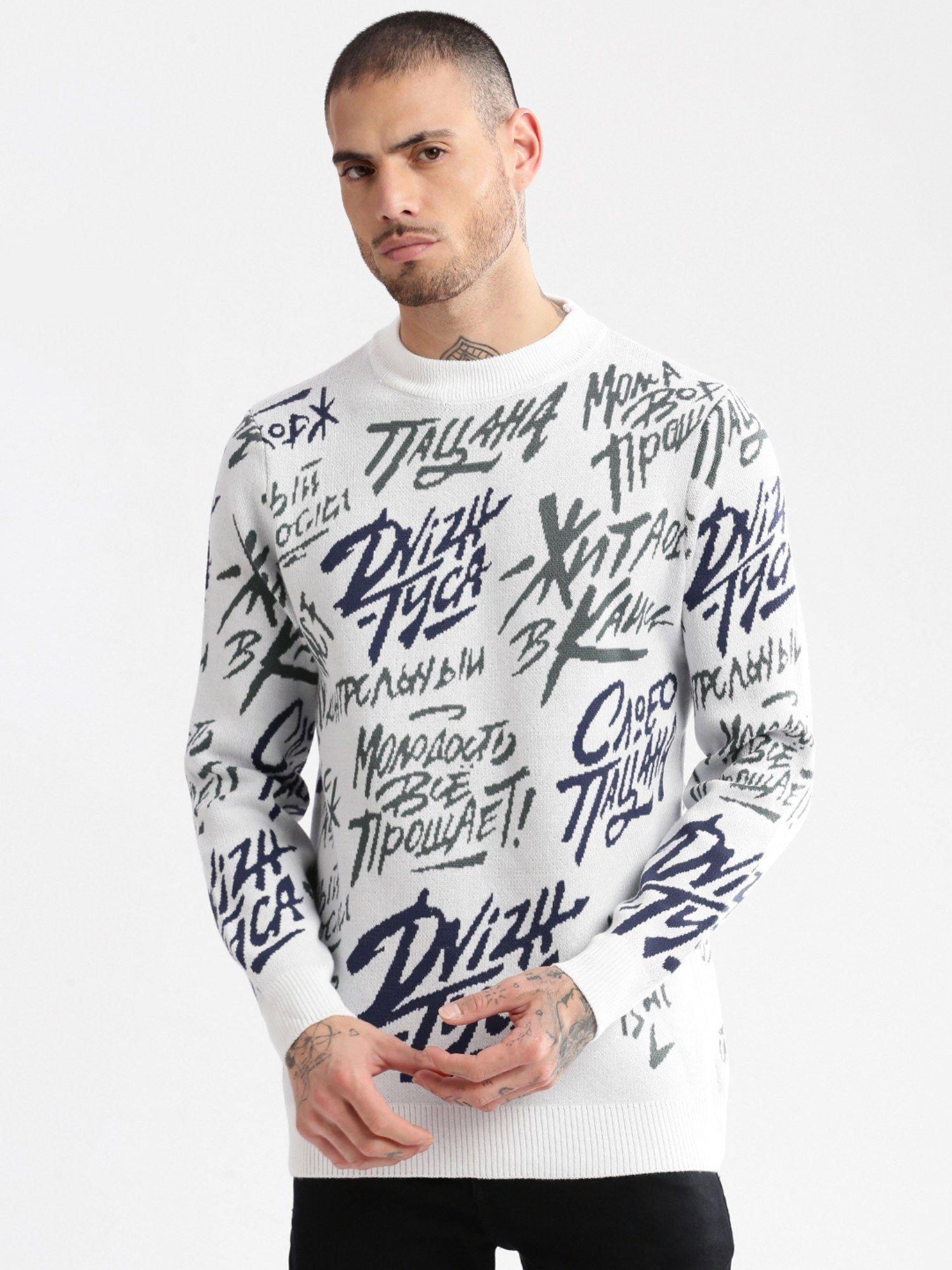 mens round neck long sleeves typography grey pullover