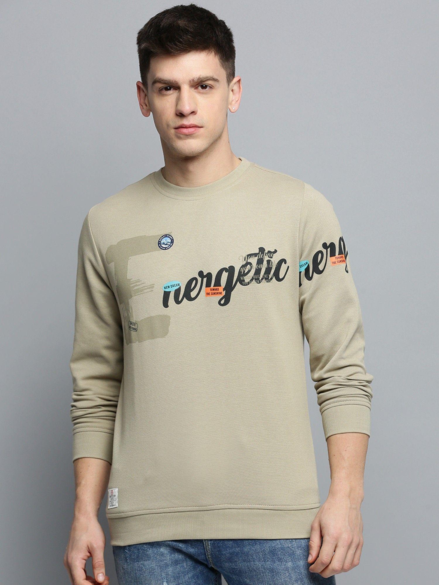 mens round neck printed beige pullover sweatshirt