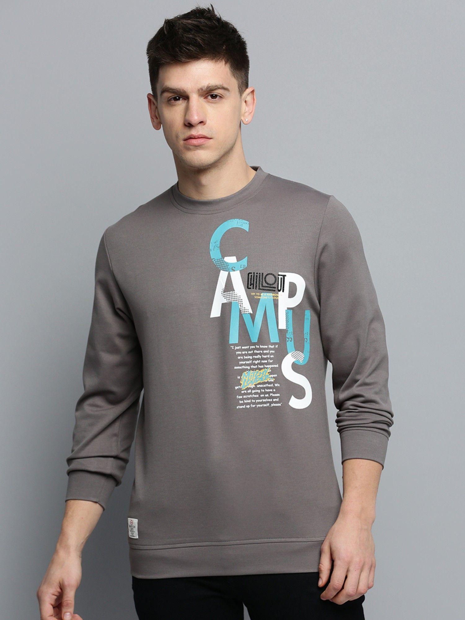 mens round neck printed grey pullover sweatshirt