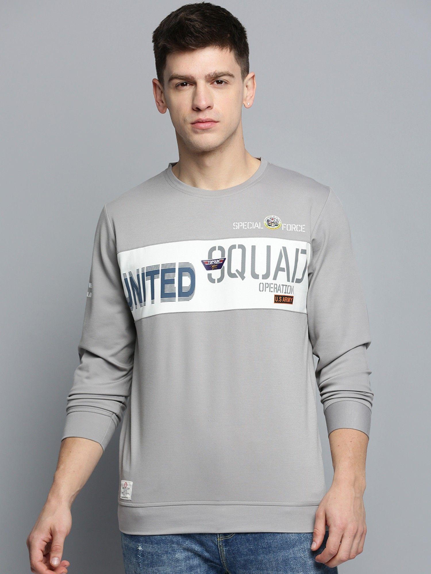 mens round neck printed grey pullover sweatshirt