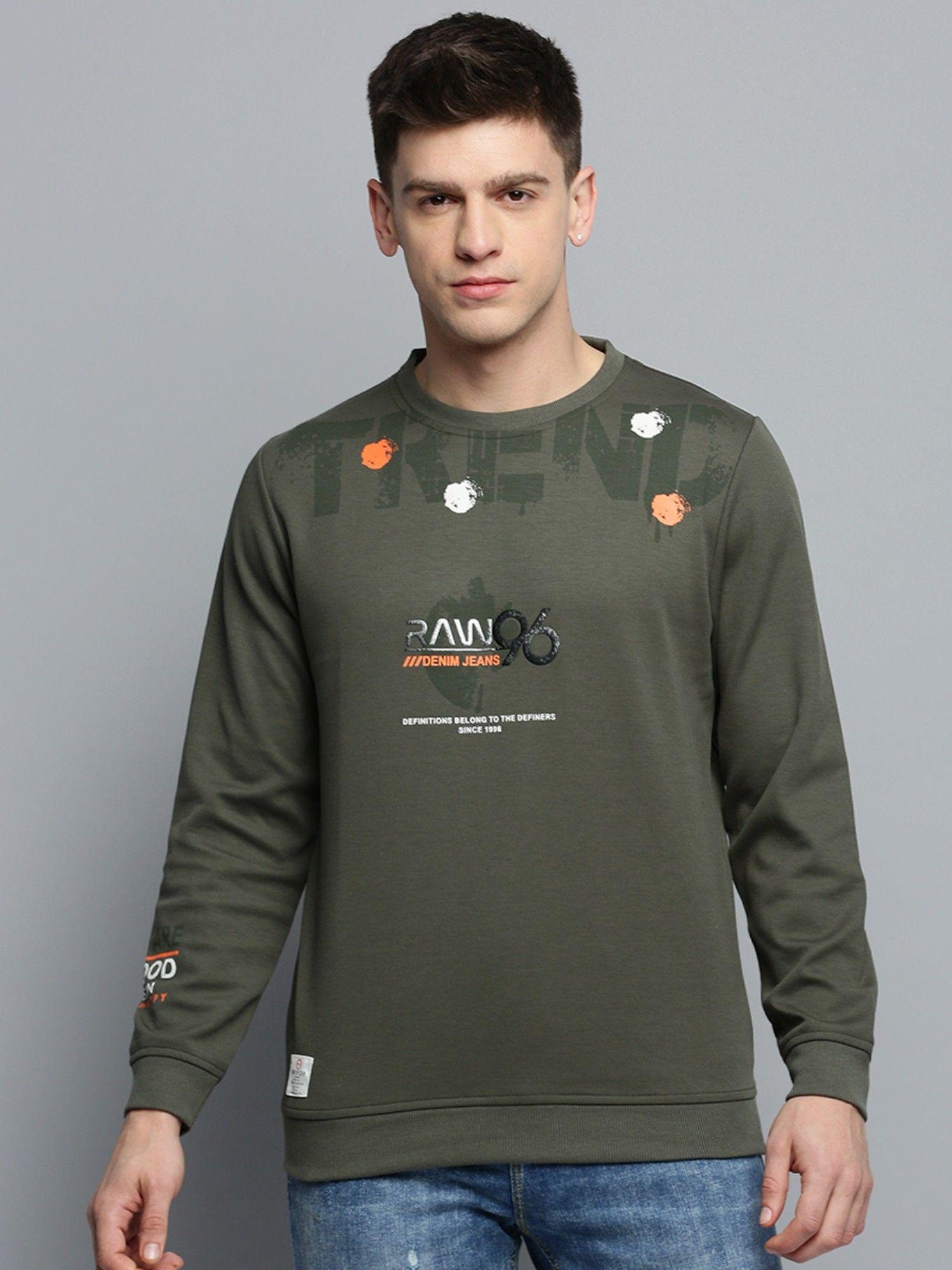 mens round neck printed olive pullover sweatshirt