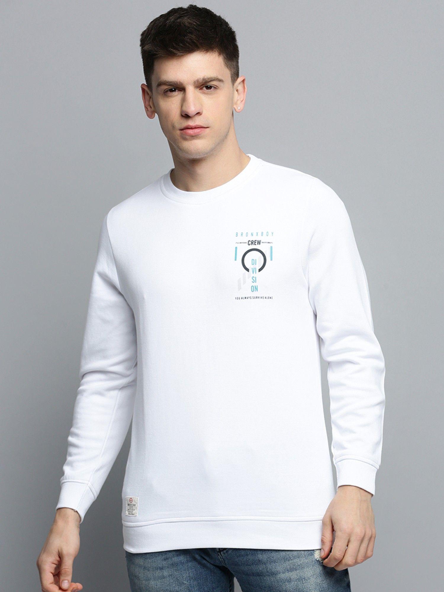 mens round neck printed white pullover sweatshirt