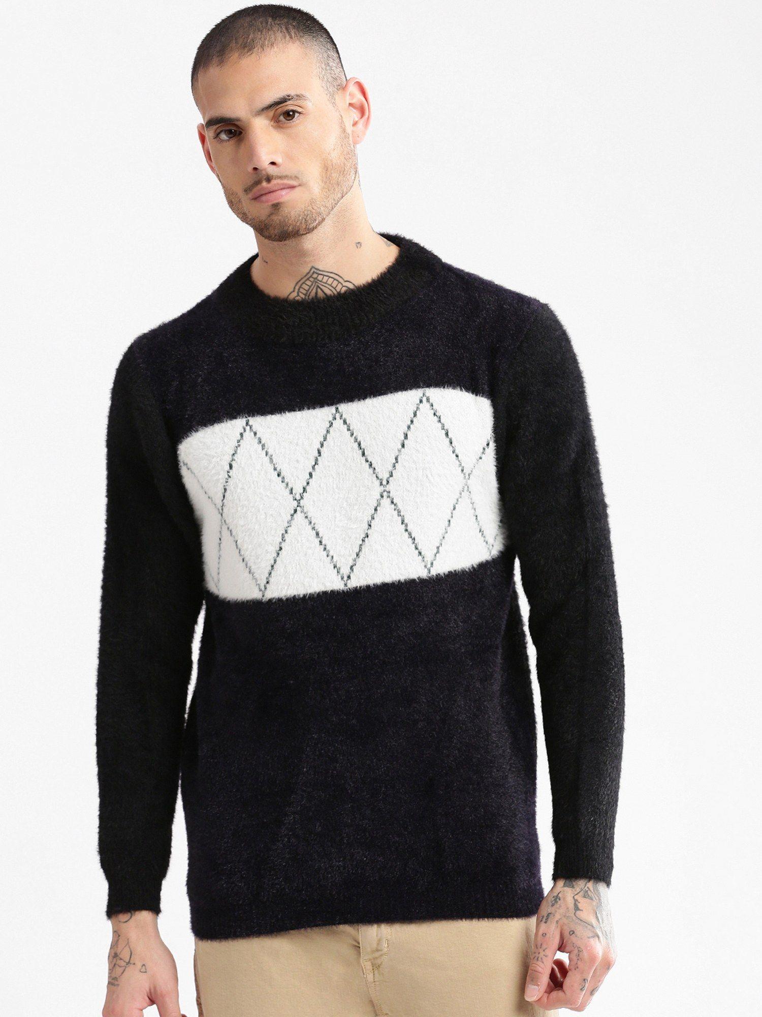 mens round neck self design black pullover