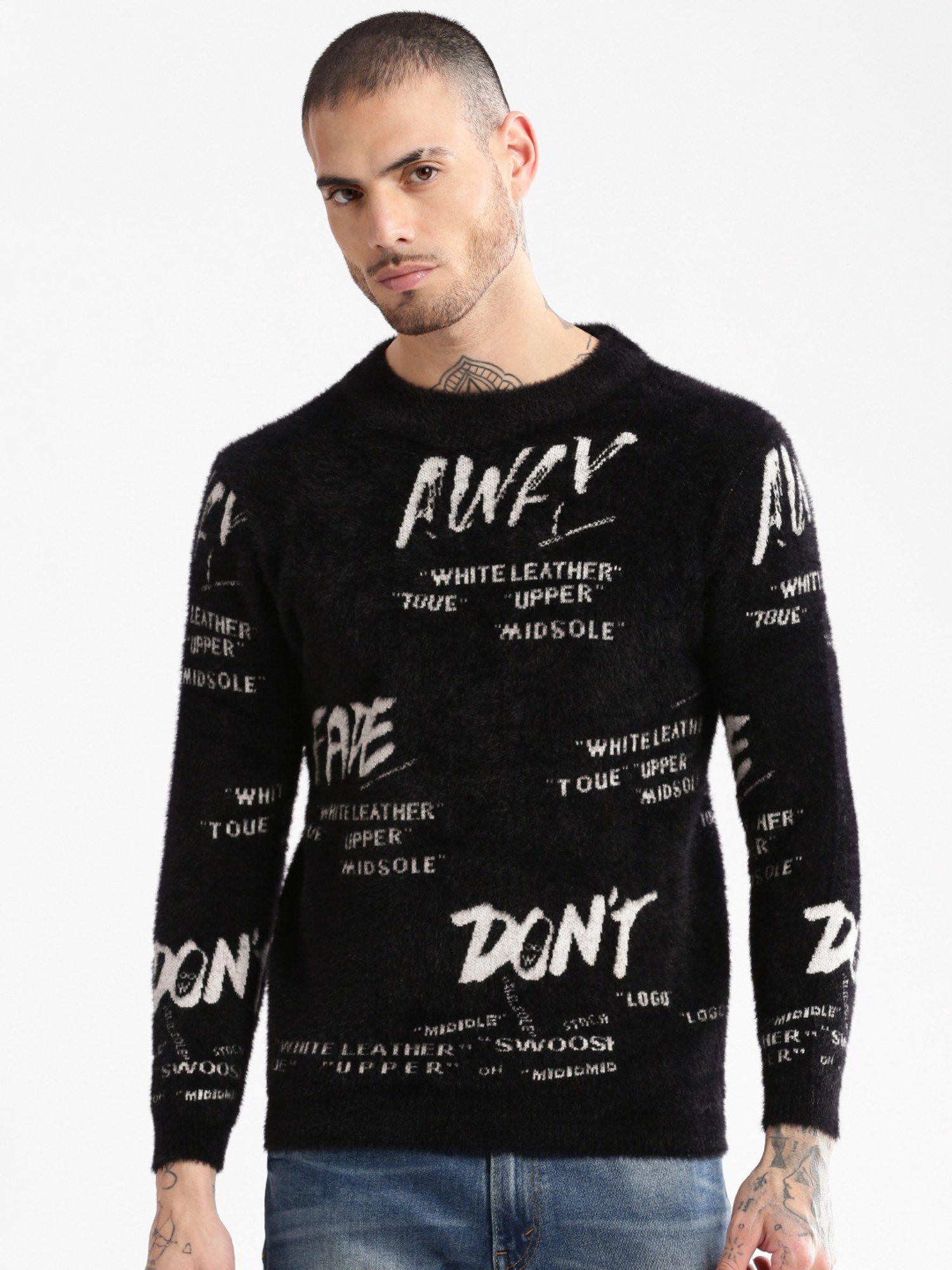 mens round neck typography black pullover