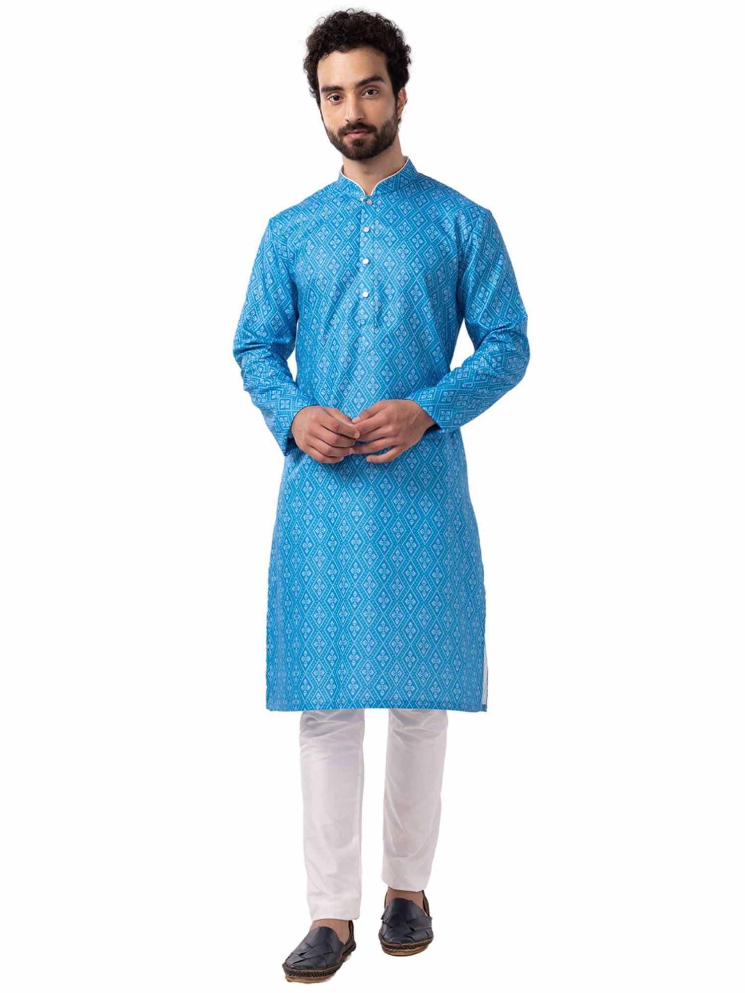 mens royal blue & pearl white cotton poly blend comfort fit printed kurta