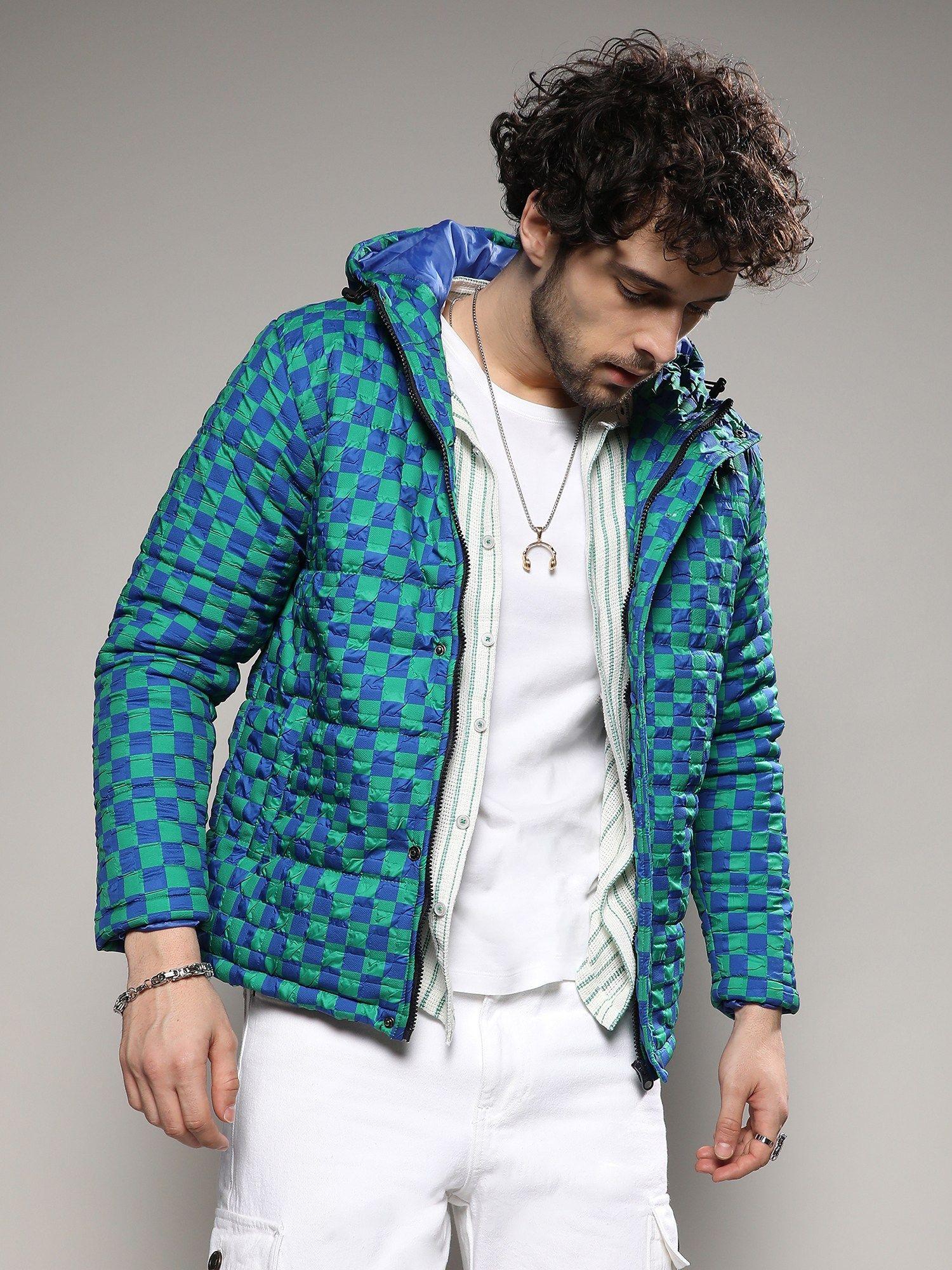 mens royal blue & shamrock green micro buffalo check puffer jacket