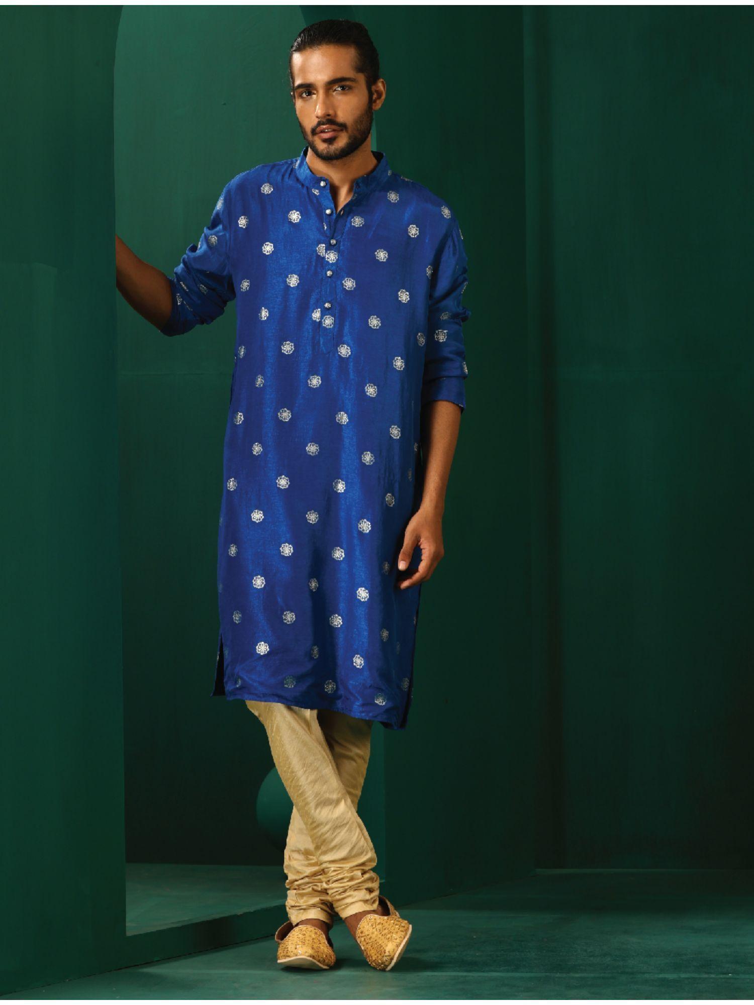 mens royal blue floral printed viscose silk zari long kurta