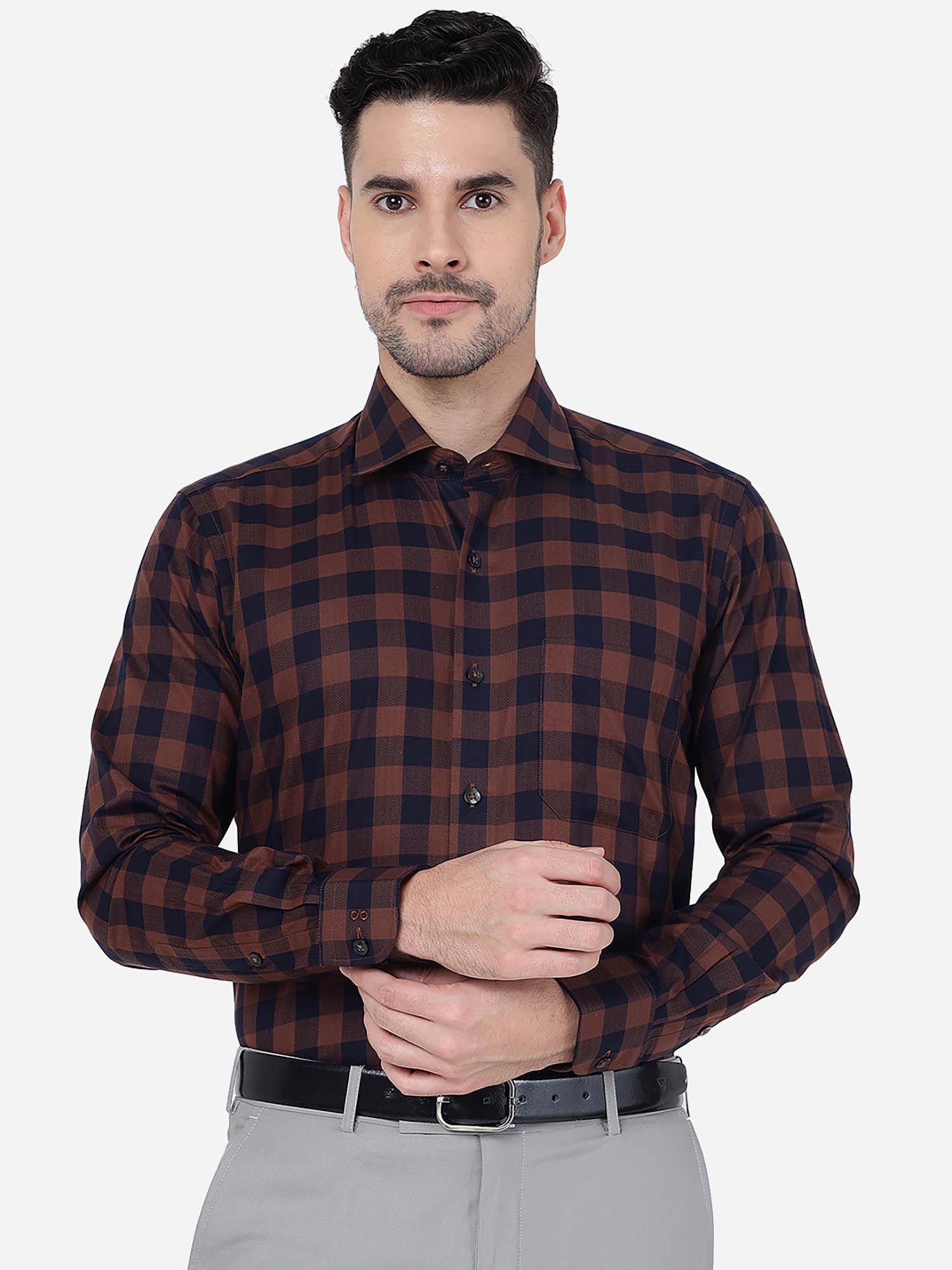 mens rust 100% cotton slim fit checked formal shirt