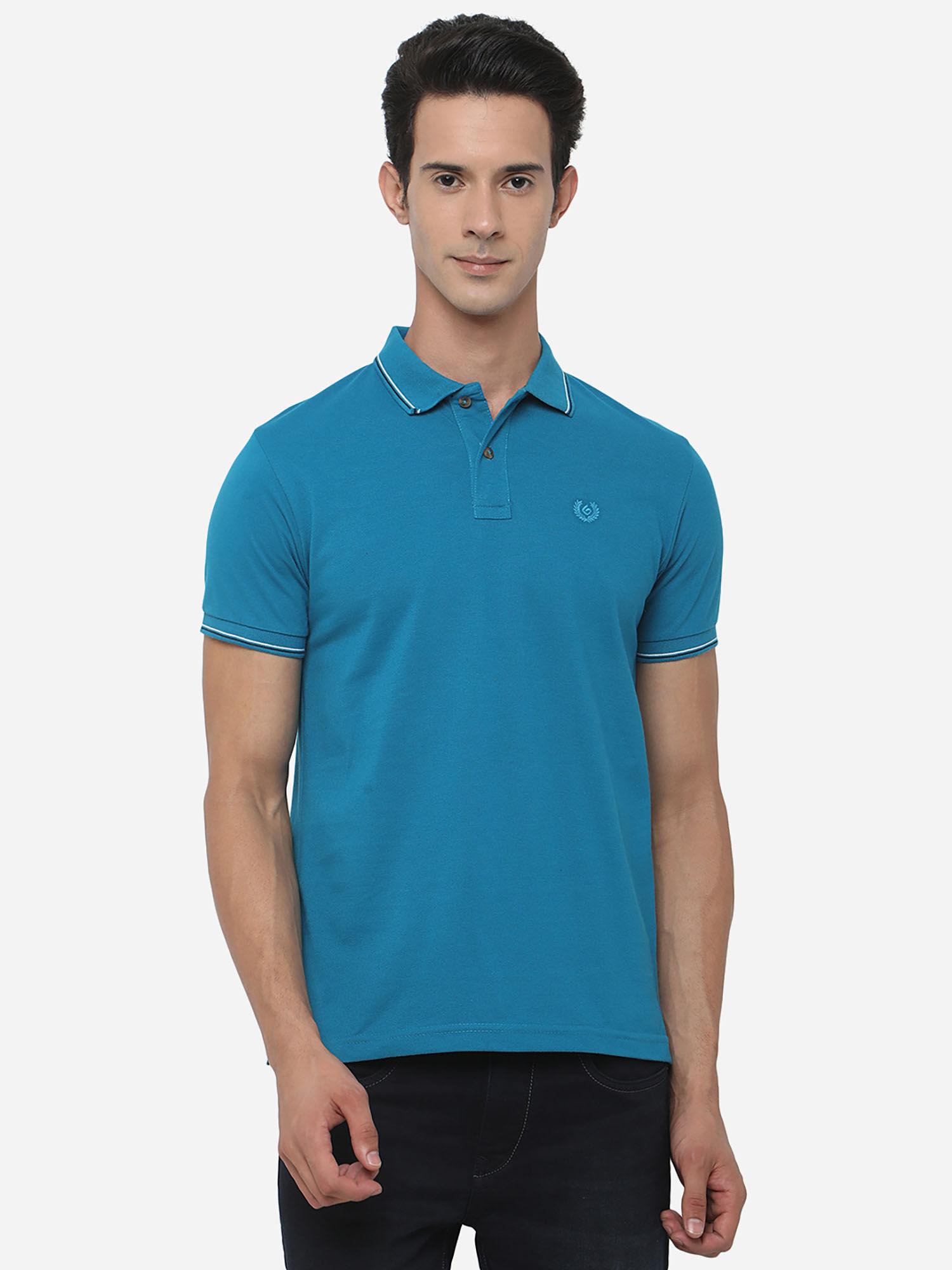 mens seapoat blue cotton blend slim fit solid polo t-shirt