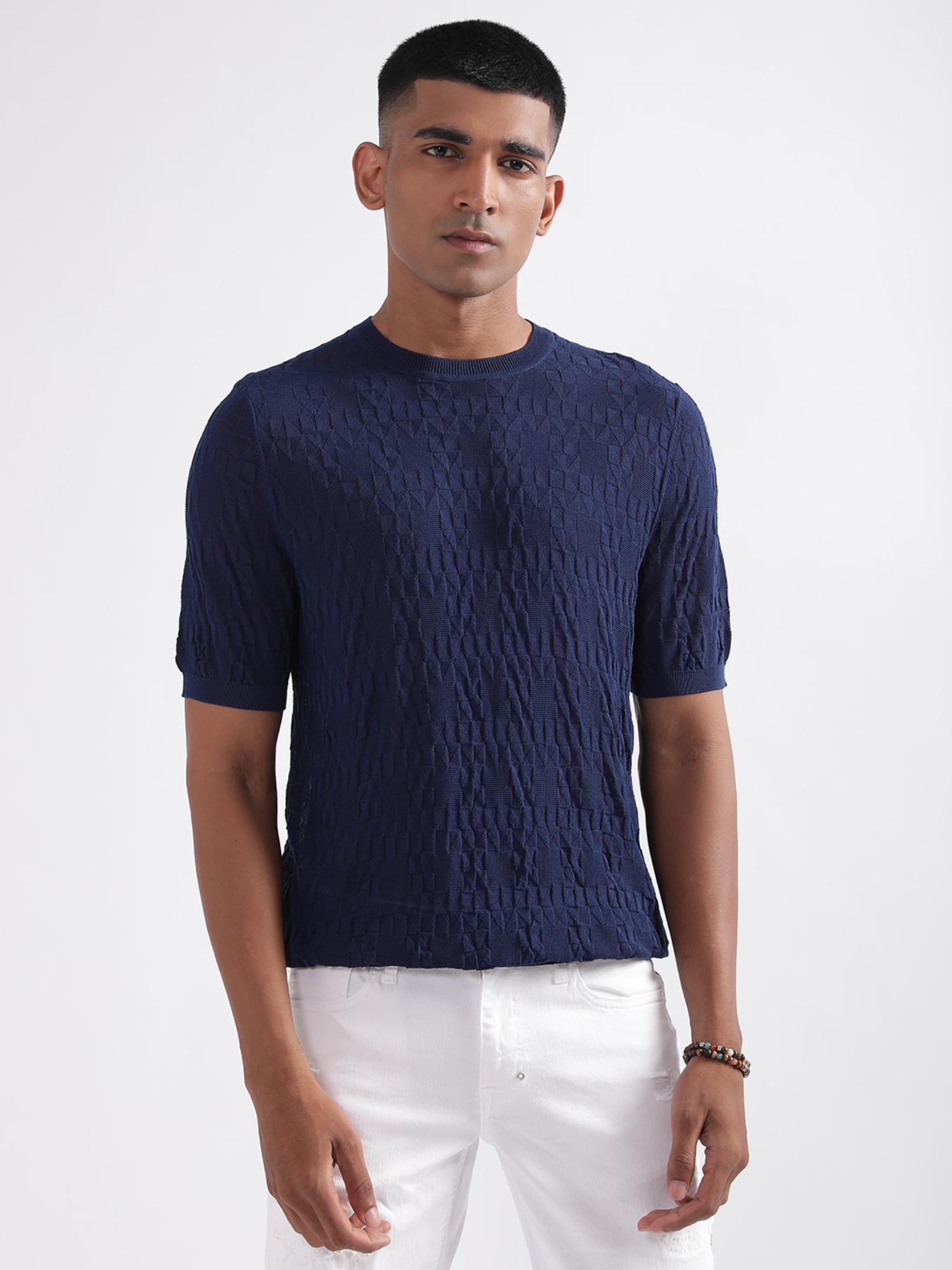 mens self design blue sweater