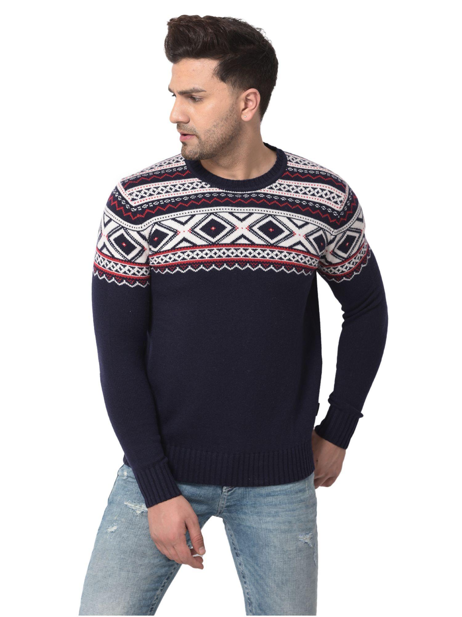 mens self design full sleeves blue sweater