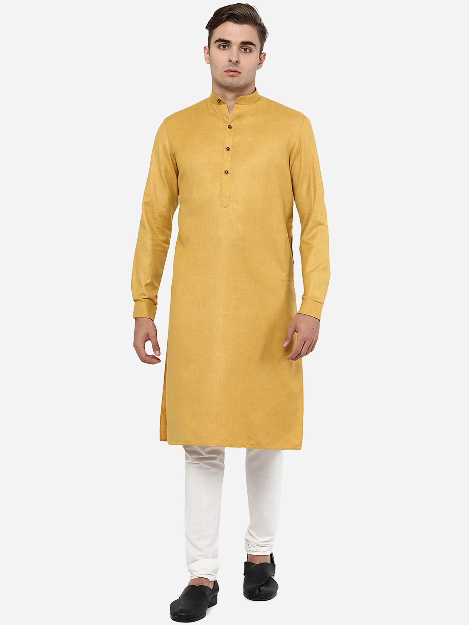 mens self textured yellow cotton blend modi kurta