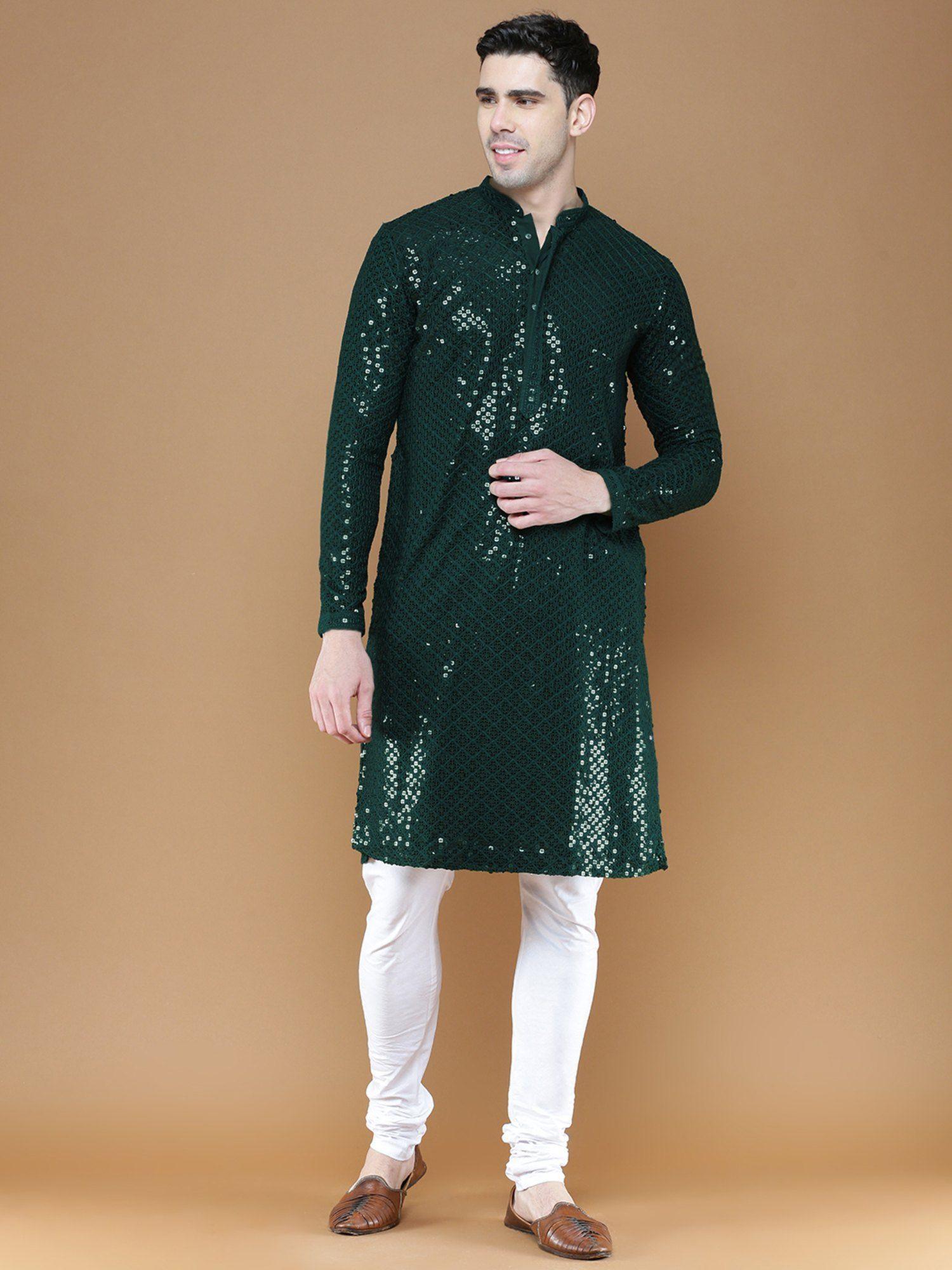 mens sequins deep green chikankari party cotton kurta with churidar pyjama (set of 2)