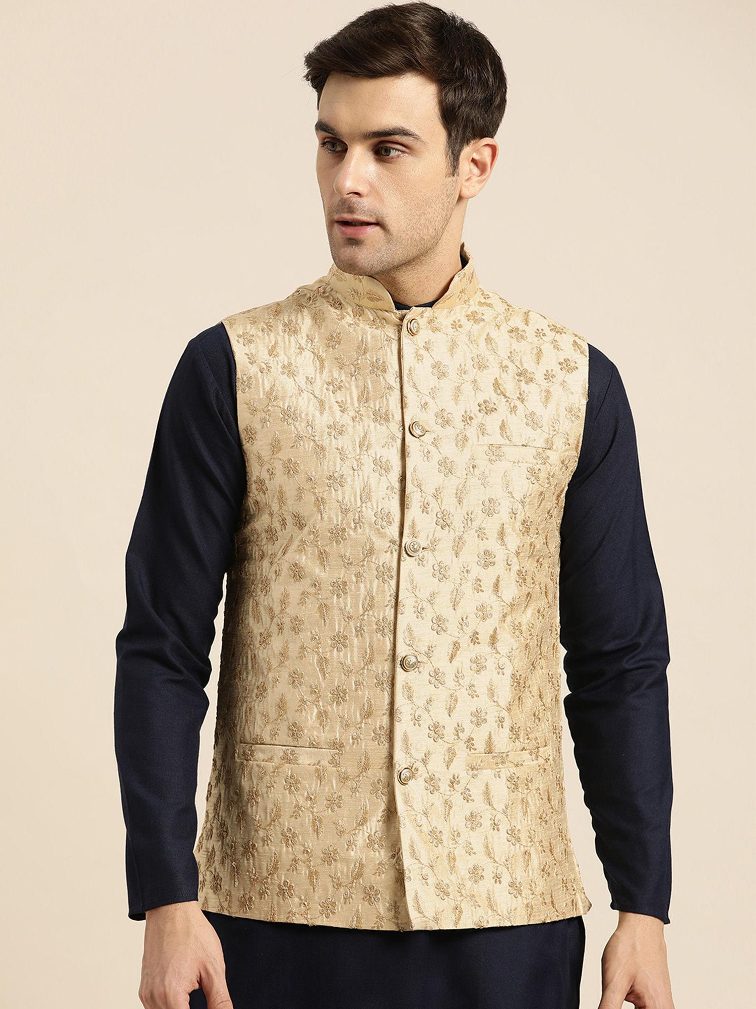 mens silk blend beige & gold embroidered nehru jacket