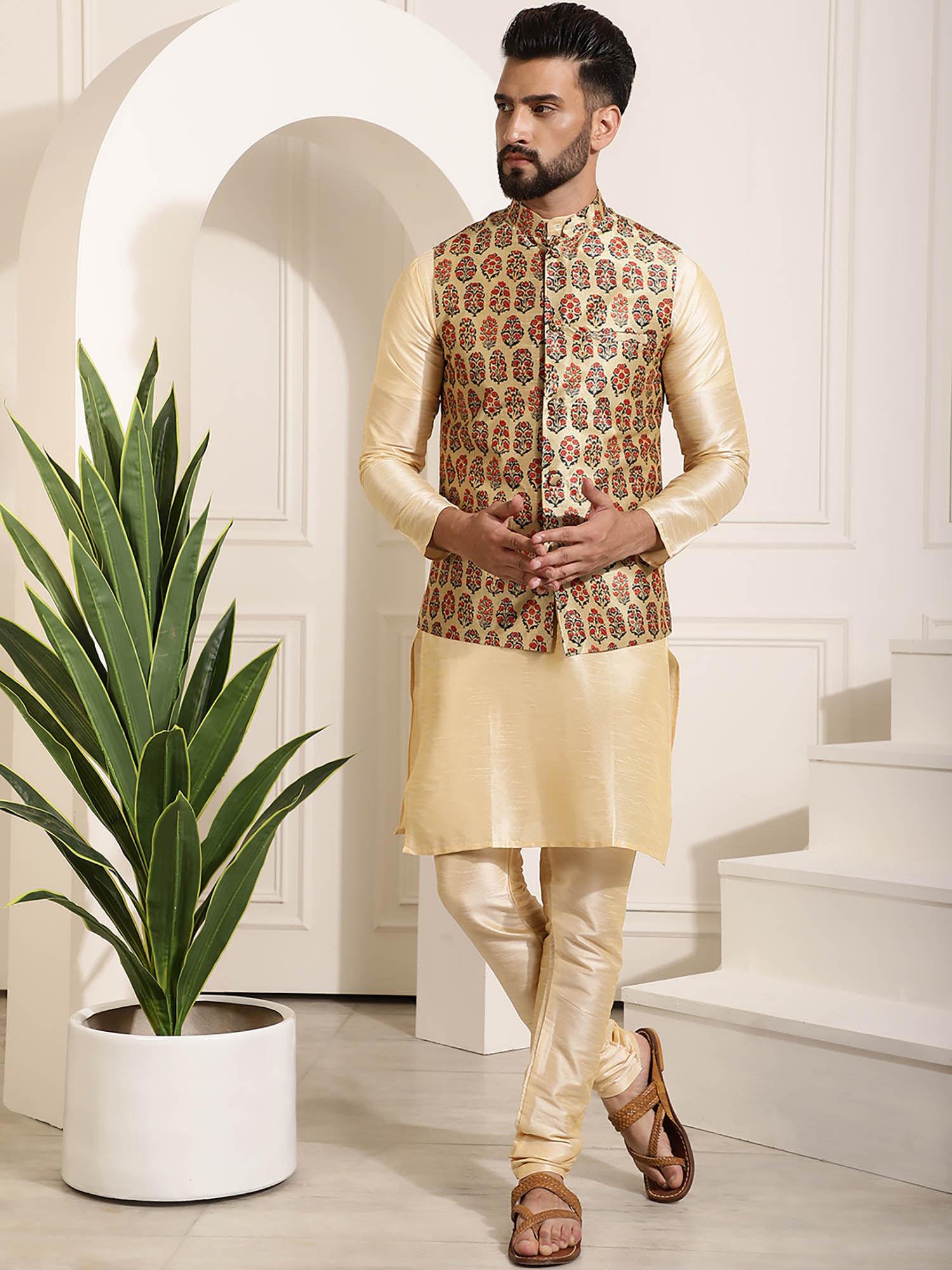 mens silk blend light gold kurta pyjama & gren nehru jacket (set of 3)