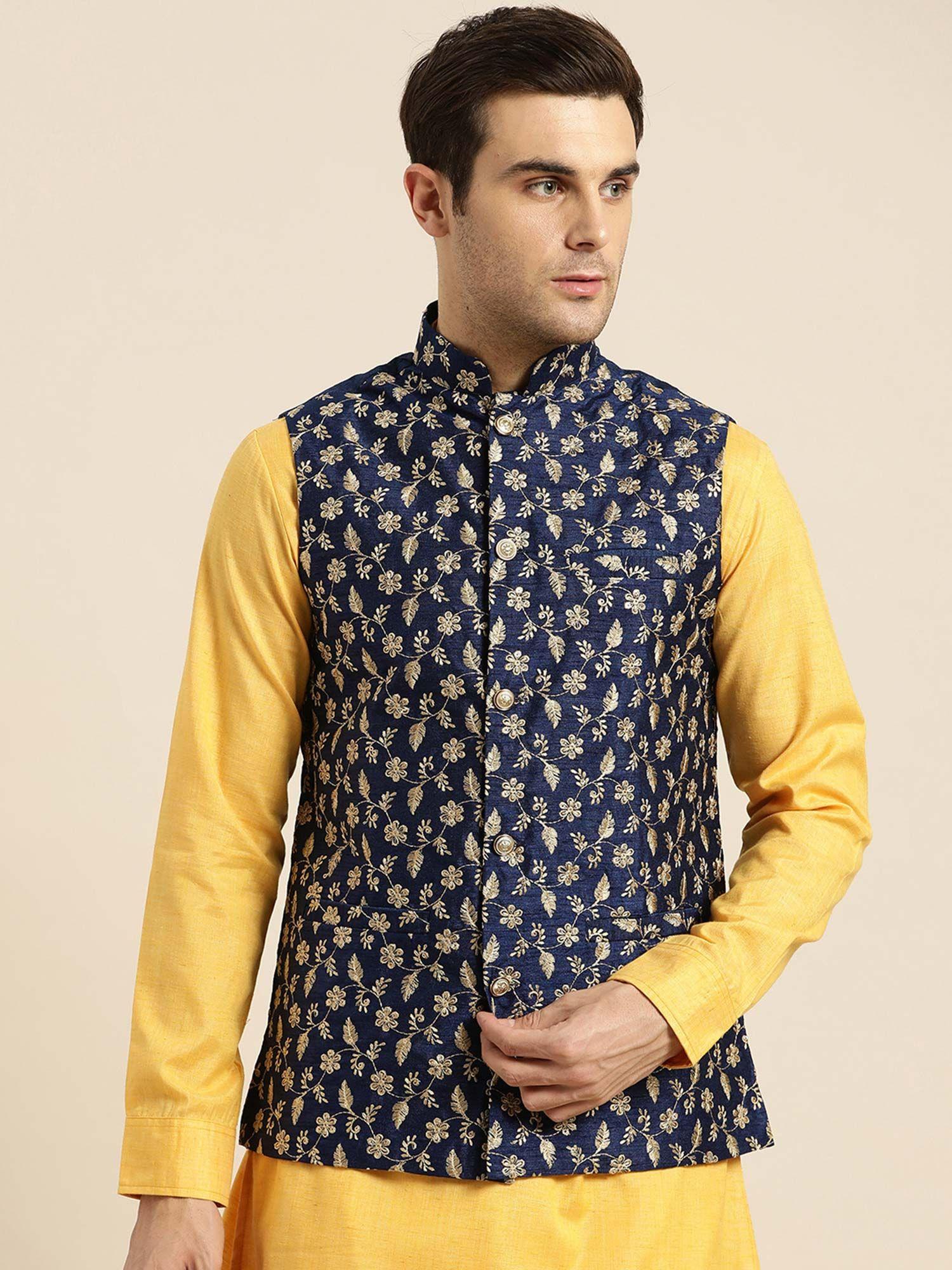 mens silk blend navy blue & gold embroidered nehru jacket